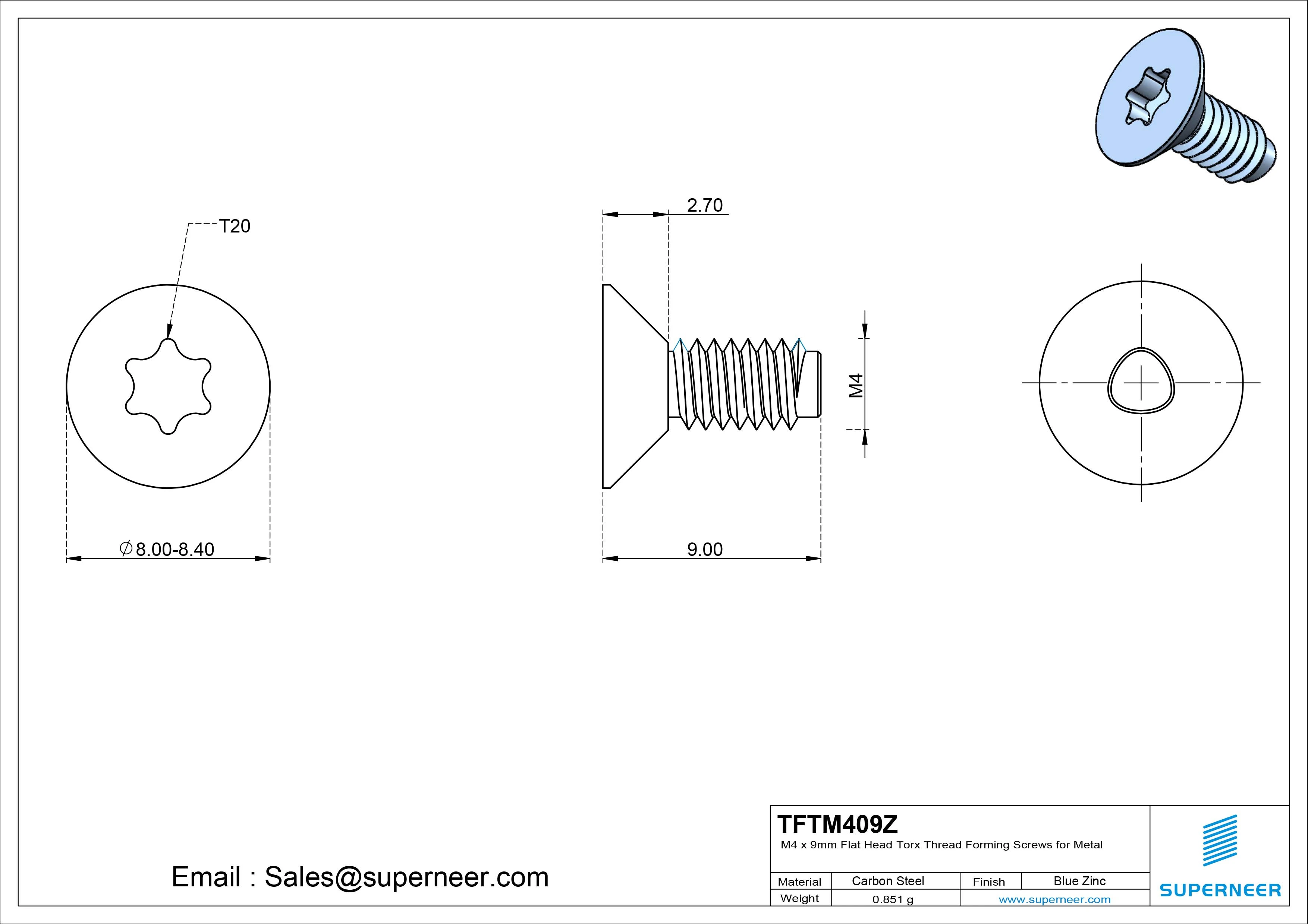 M4 × 9mm Flat Head Torx Thread Forming Screws for Metal Steel Blue Zinc Plated