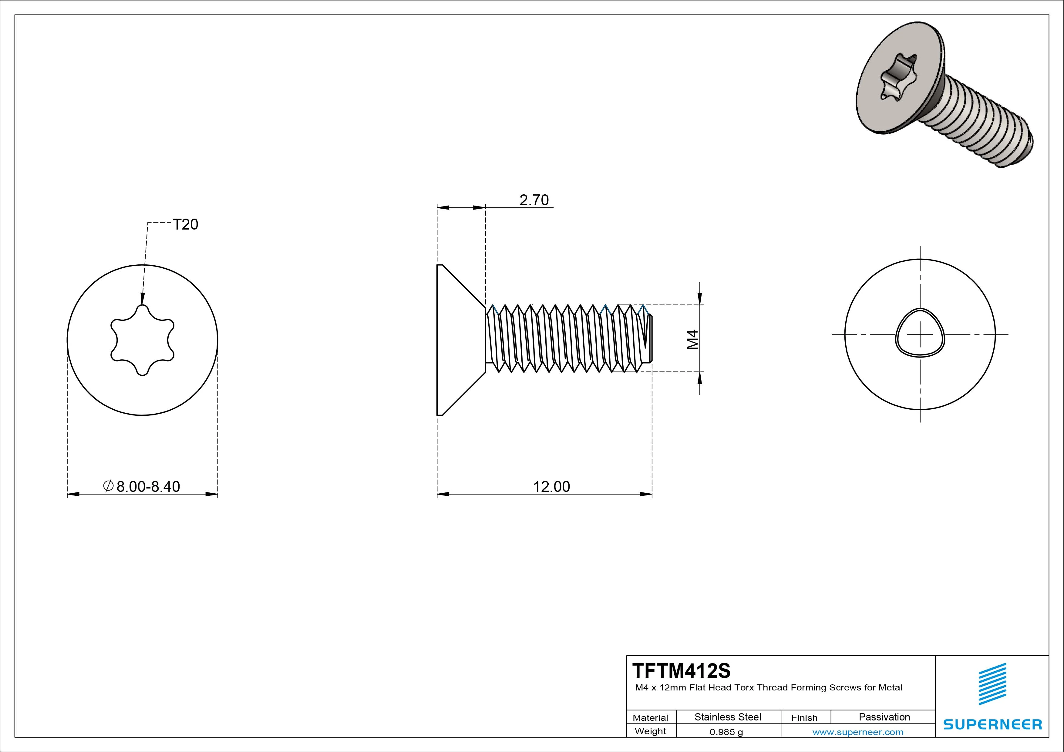 M4 × 12mm Flat Head Torx Thread Forming Screws for Metal SUS304 Stainless Steel Inox