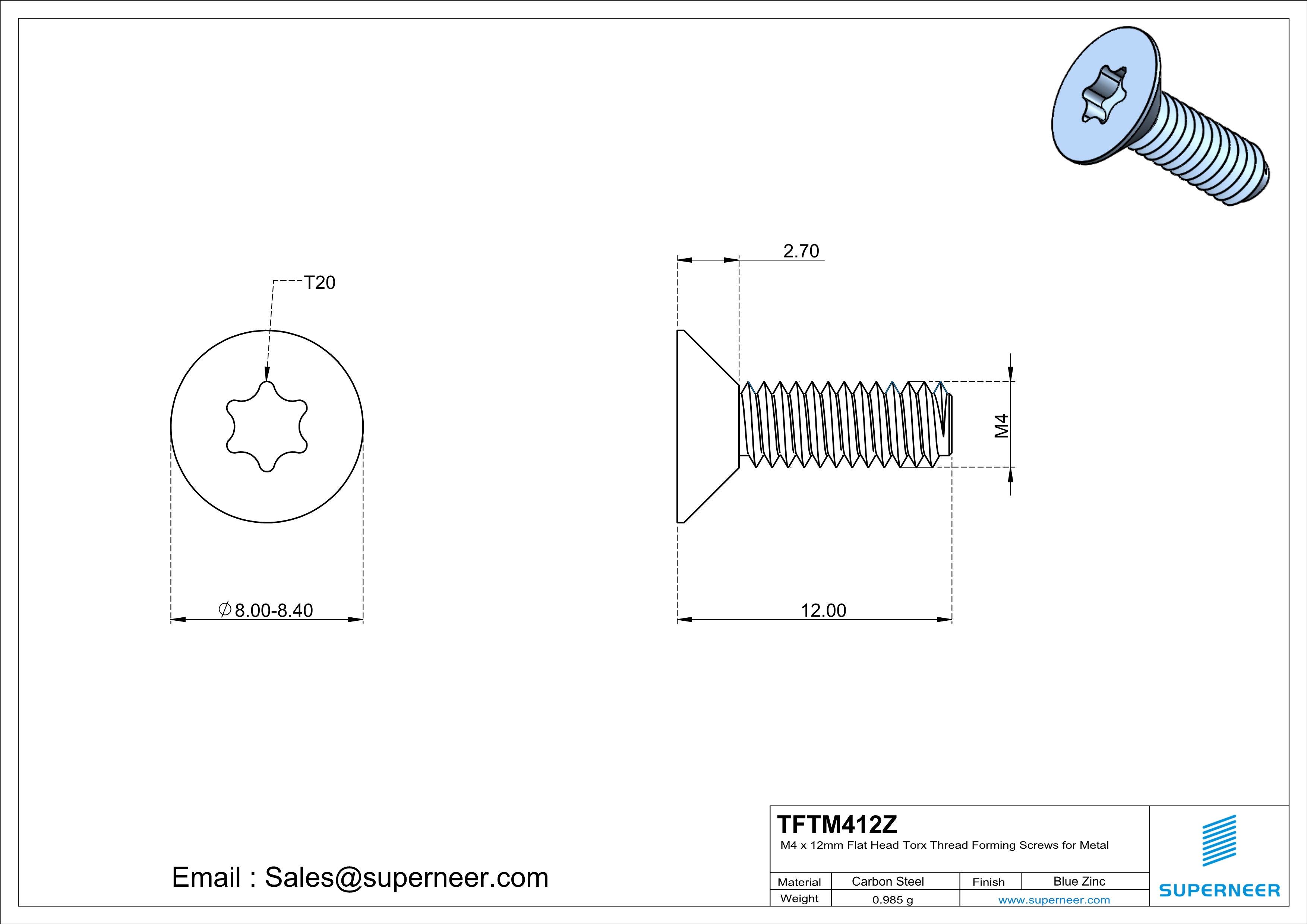 M4 × 12mm Flat Head Torx Thread Forming Screws for Metal Steel Blue Zinc Plated