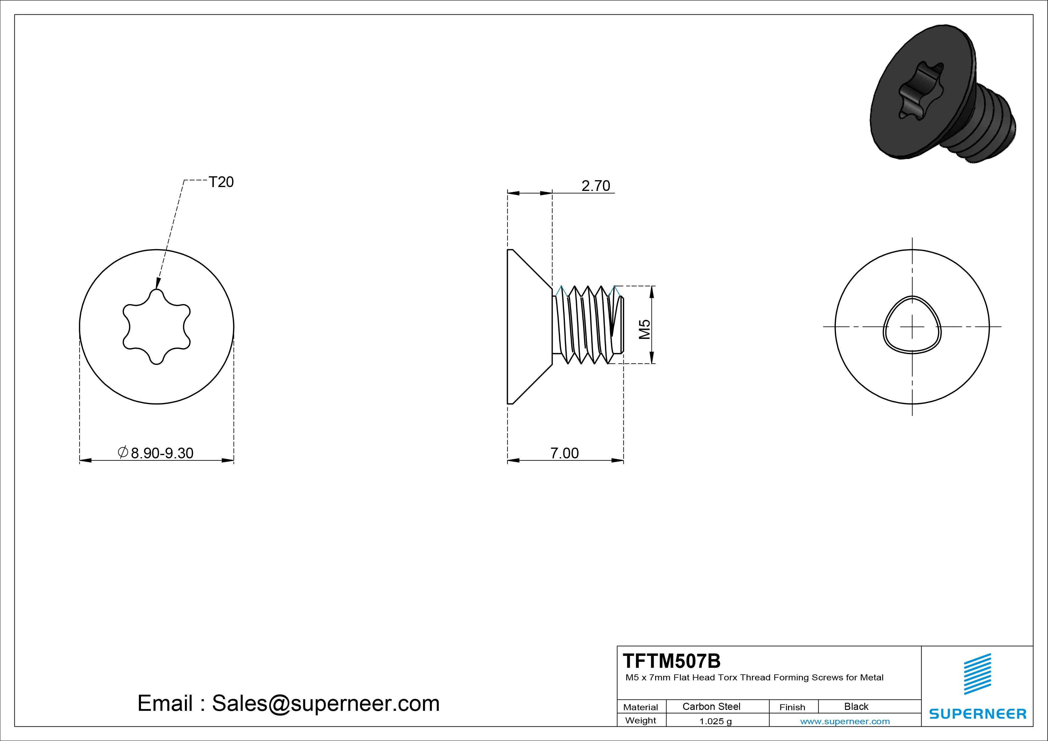 M5 × 7mm Flat Head Torx Thread Forming Screws for Metal Steel Black