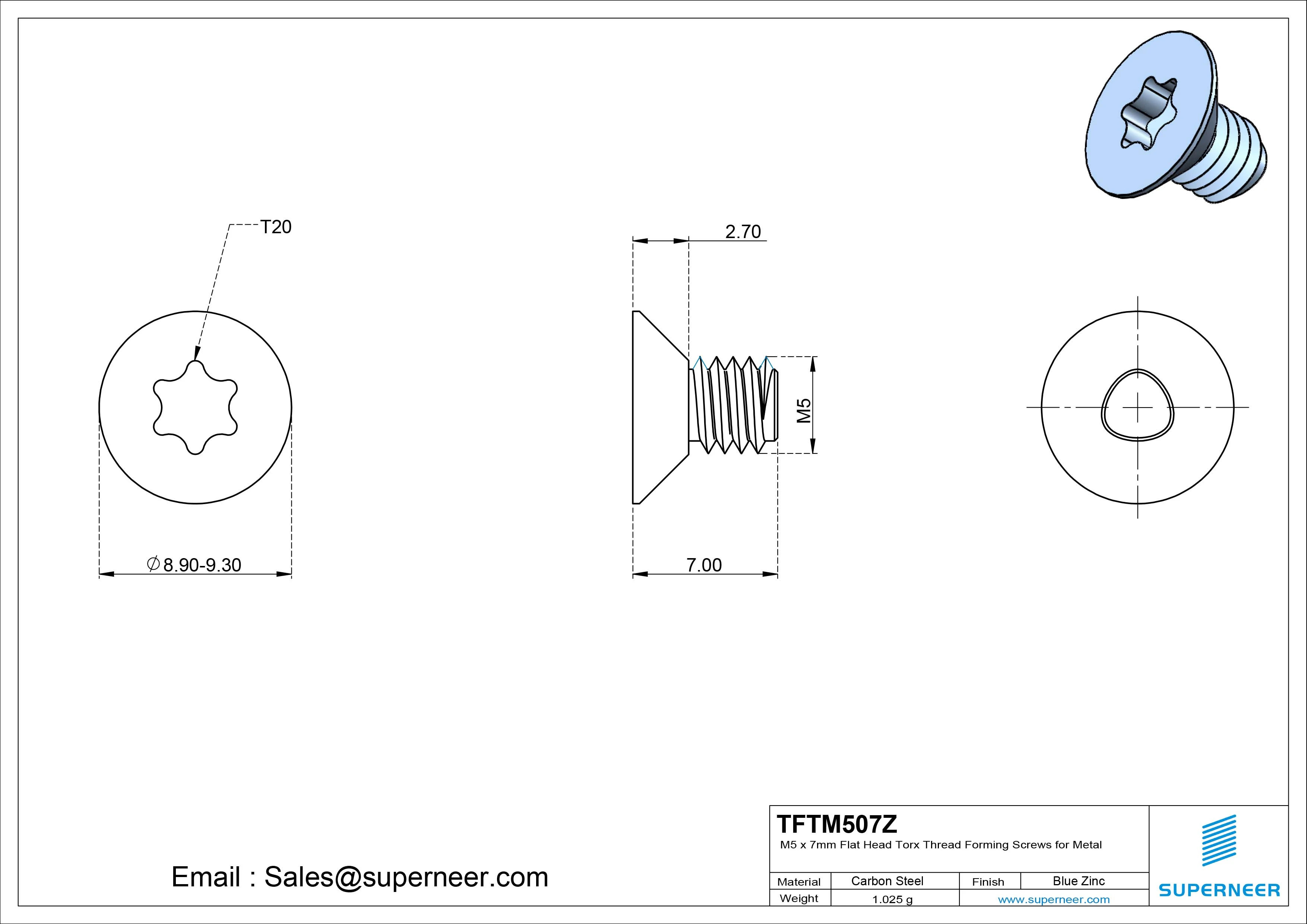 M5 × 7mm Flat Head Torx Thread Forming Screws for Metal Steel Blue Zinc Plated