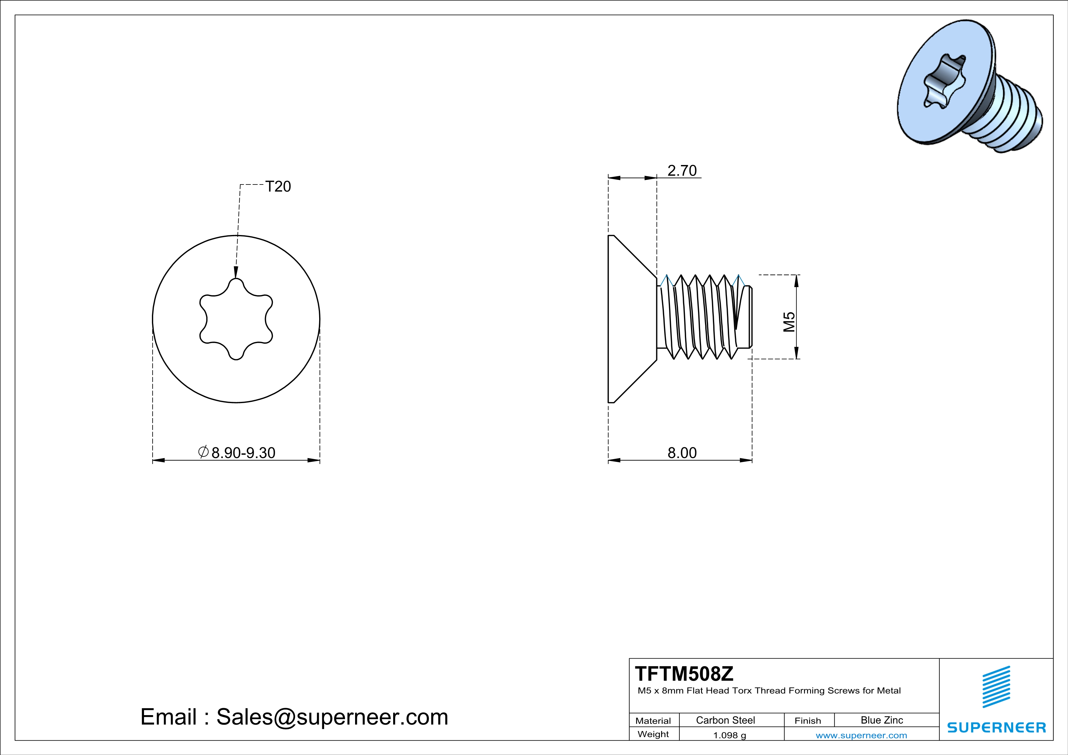 M5 × 8mm Flat Head Torx Thread Forming Screws for Metal Steel Blue Zinc Plated