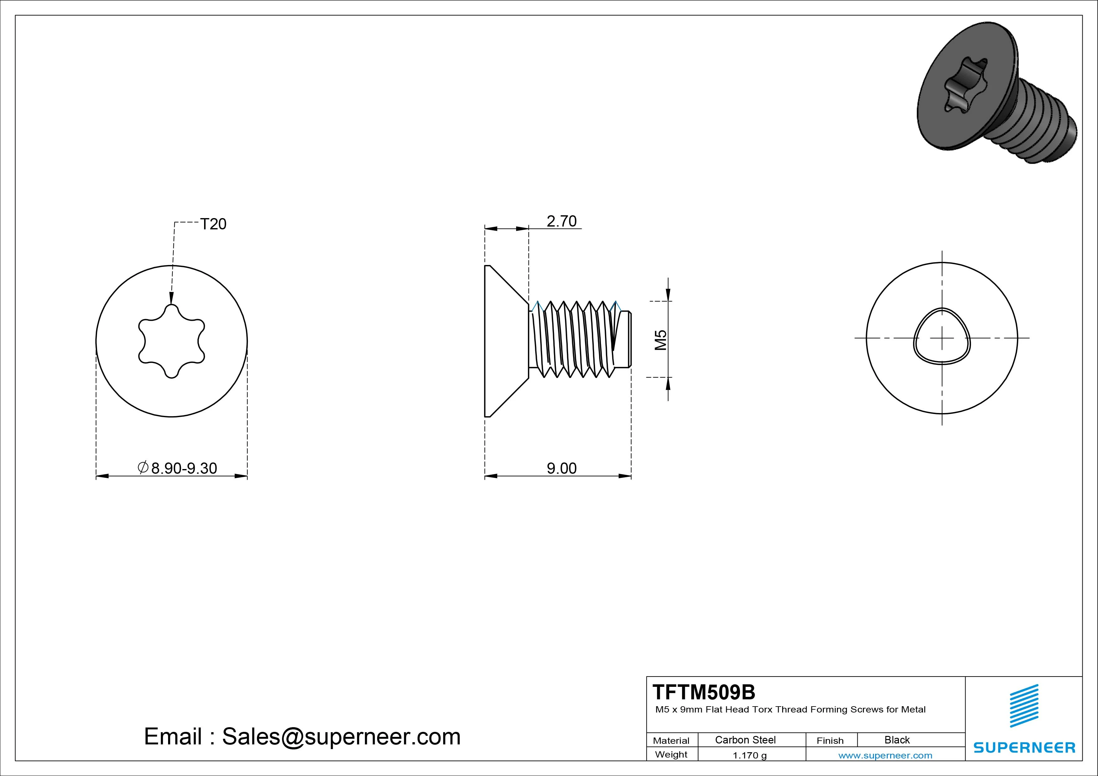 M5 × 9mm Flat Head Torx Thread Forming Screws for Metal Steel Black