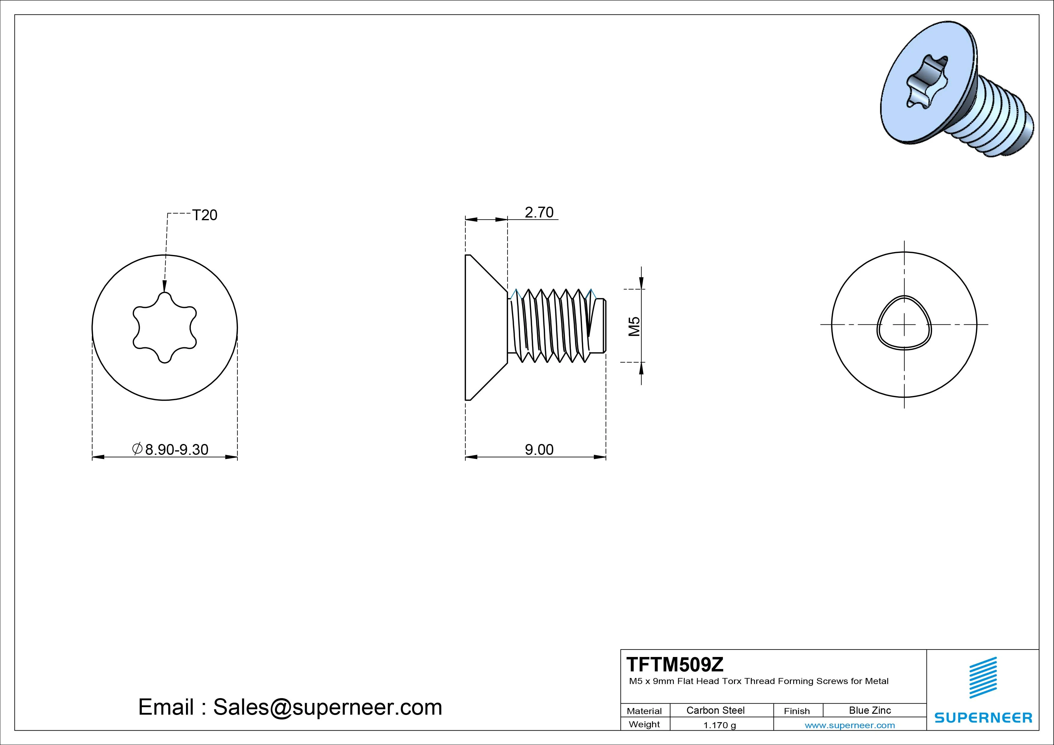 M5 × 9mm Flat Head Torx Thread Forming Screws for Metal Steel Blue Zinc Plated