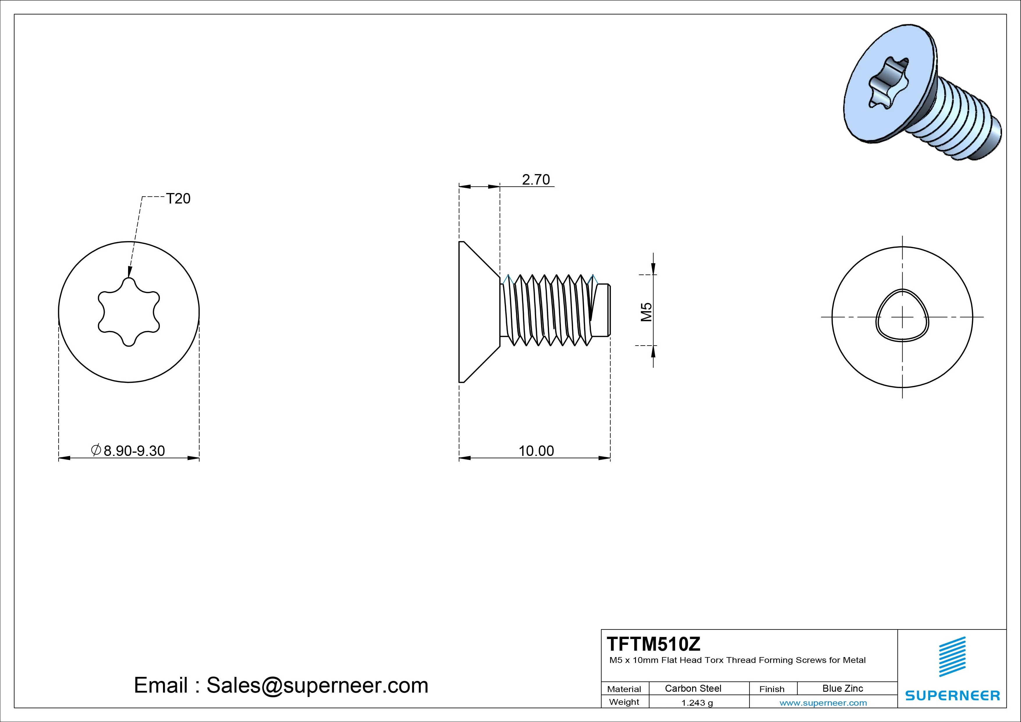 M5 × 10mm Flat Head Torx Thread Forming Screws for Metal Steel Blue Zinc Plated