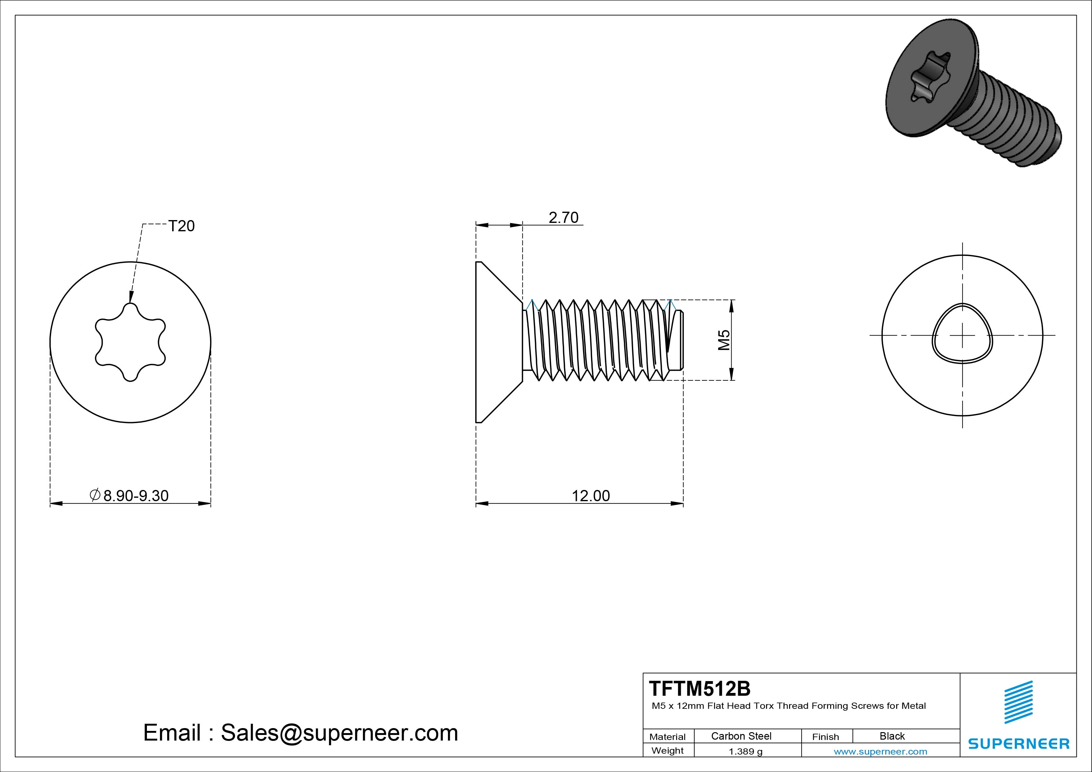 M5 × 12mm Flat Head Torx Thread Forming Screws for Metal Steel Black