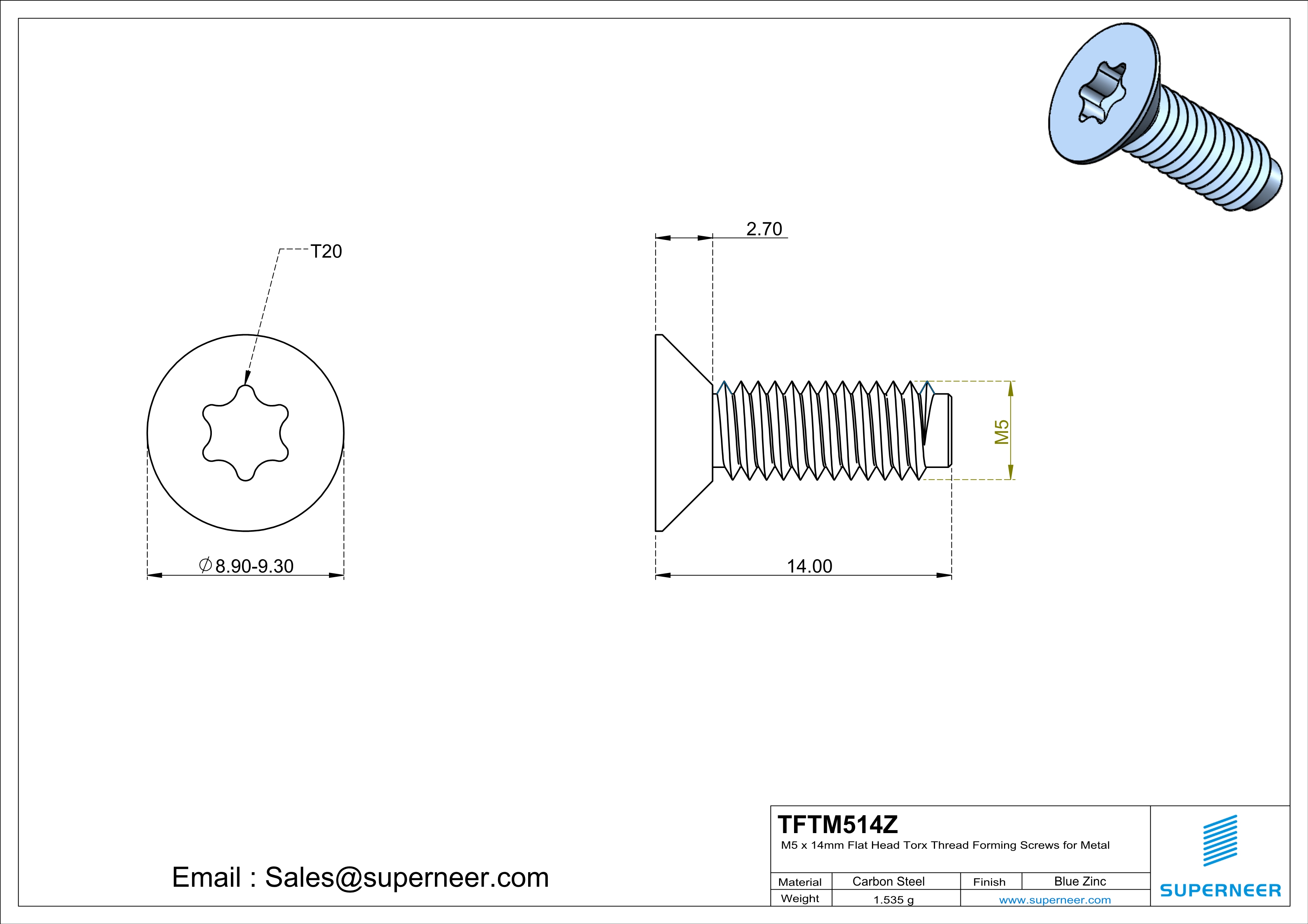 M5 × 14mm Flat Head Torx Thread Forming Screws for Metal Steel Blue Zinc Plated
