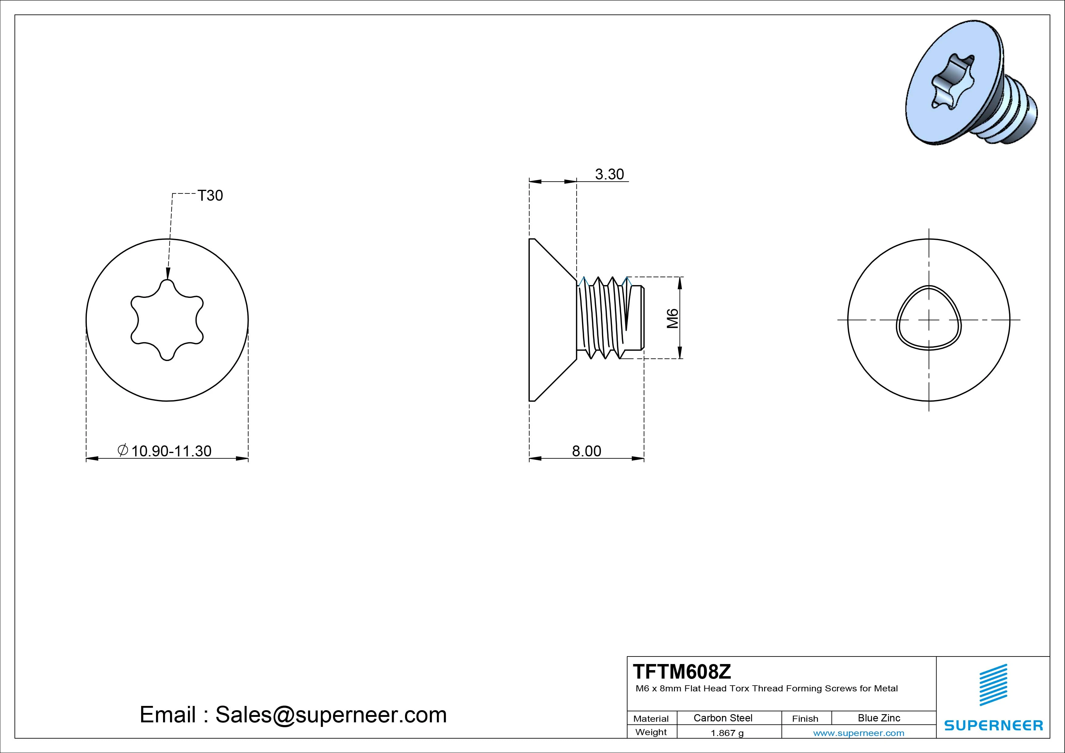 M6 × 8mm Flat Head Torx Thread Forming Screws for Metal Steel Blue Zinc Plated