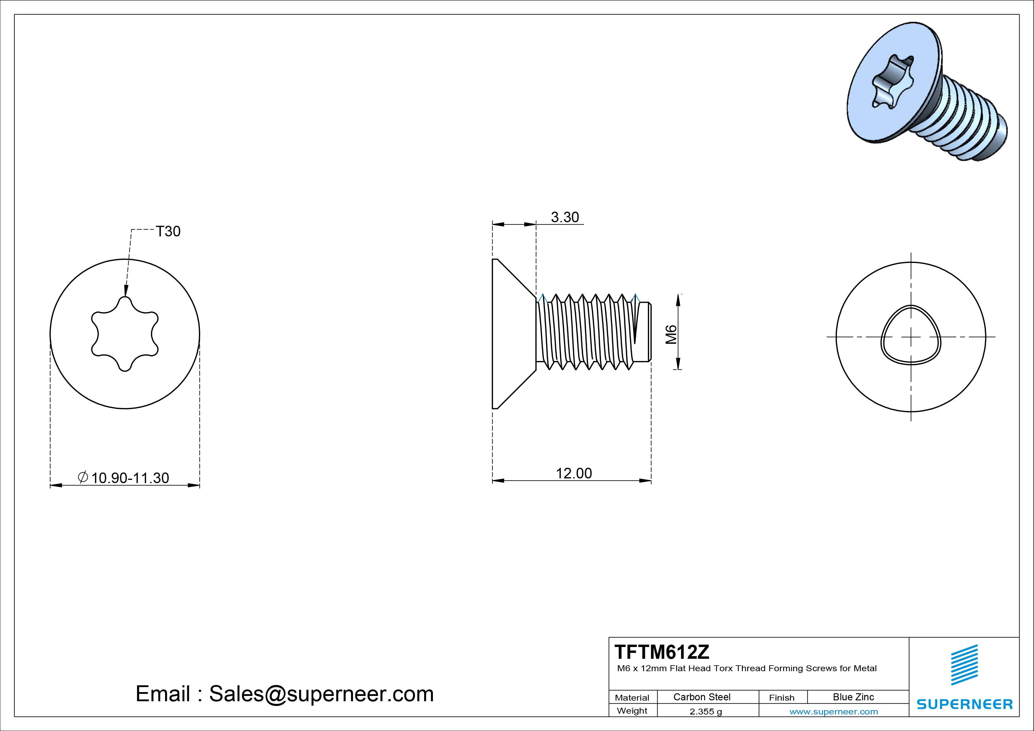 M6 × 12mm Flat Head Torx Thread Forming Screws for Metal Steel Blue Zinc Plated