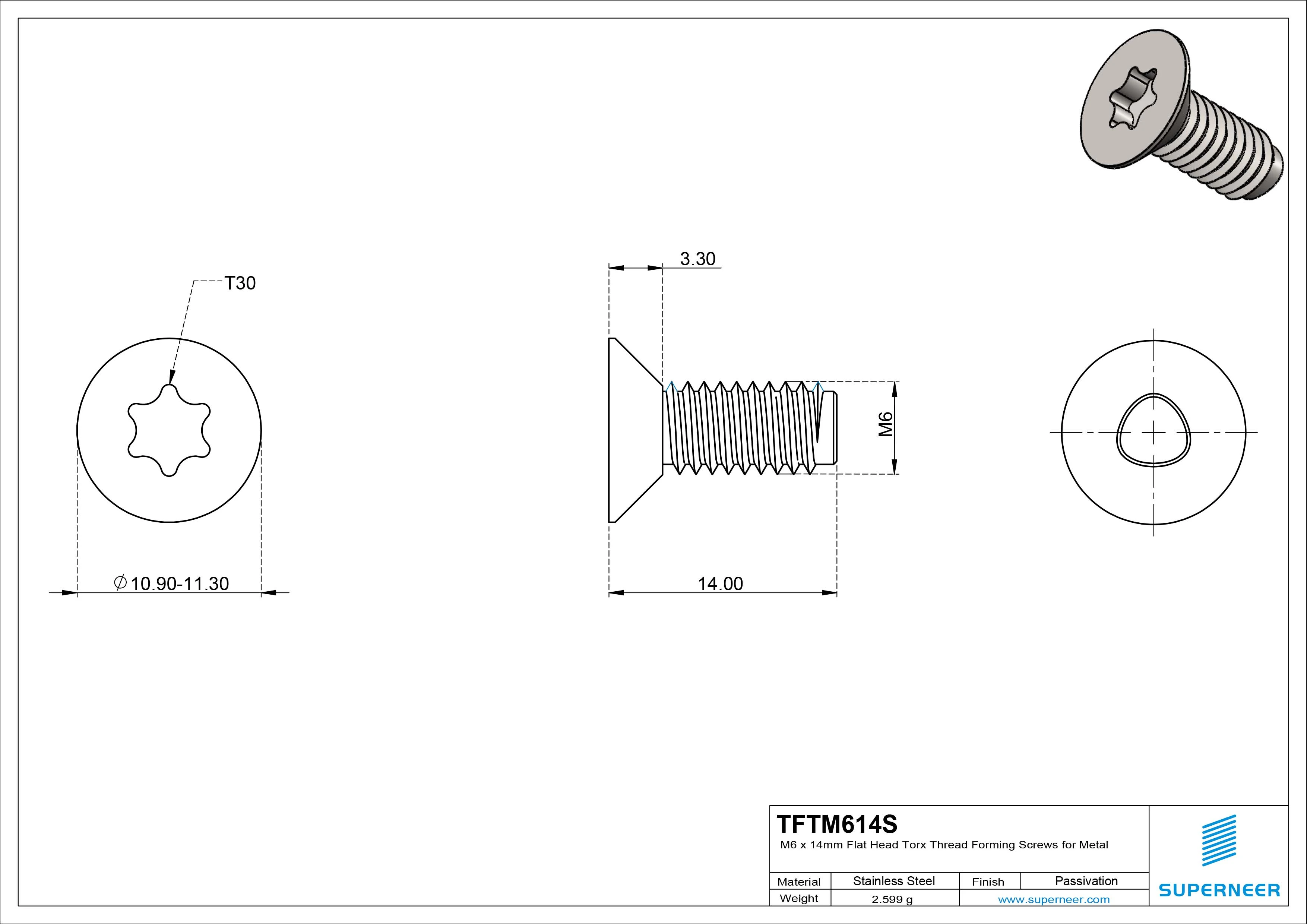 M6 × 14mm Flat Head Torx Thread Forming Screws for Metal SUS304 Stainless Steel Inox