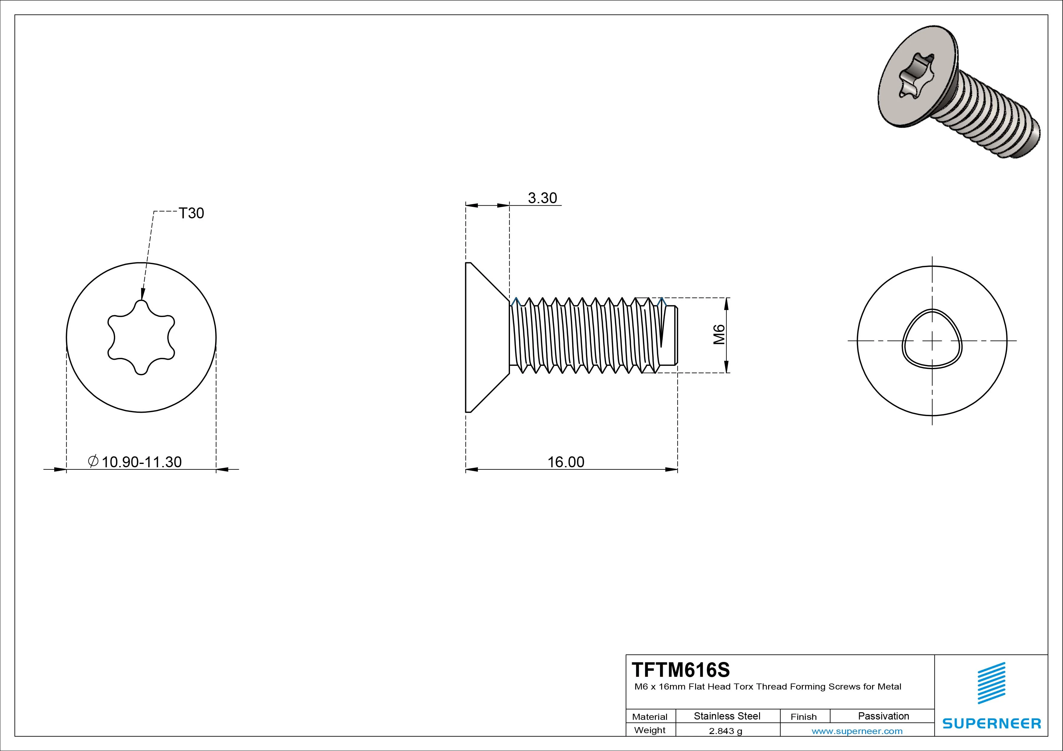 M6 × 16mm Flat Head Torx Thread Forming Screws for Metal SUS304 Stainless Steel Inox