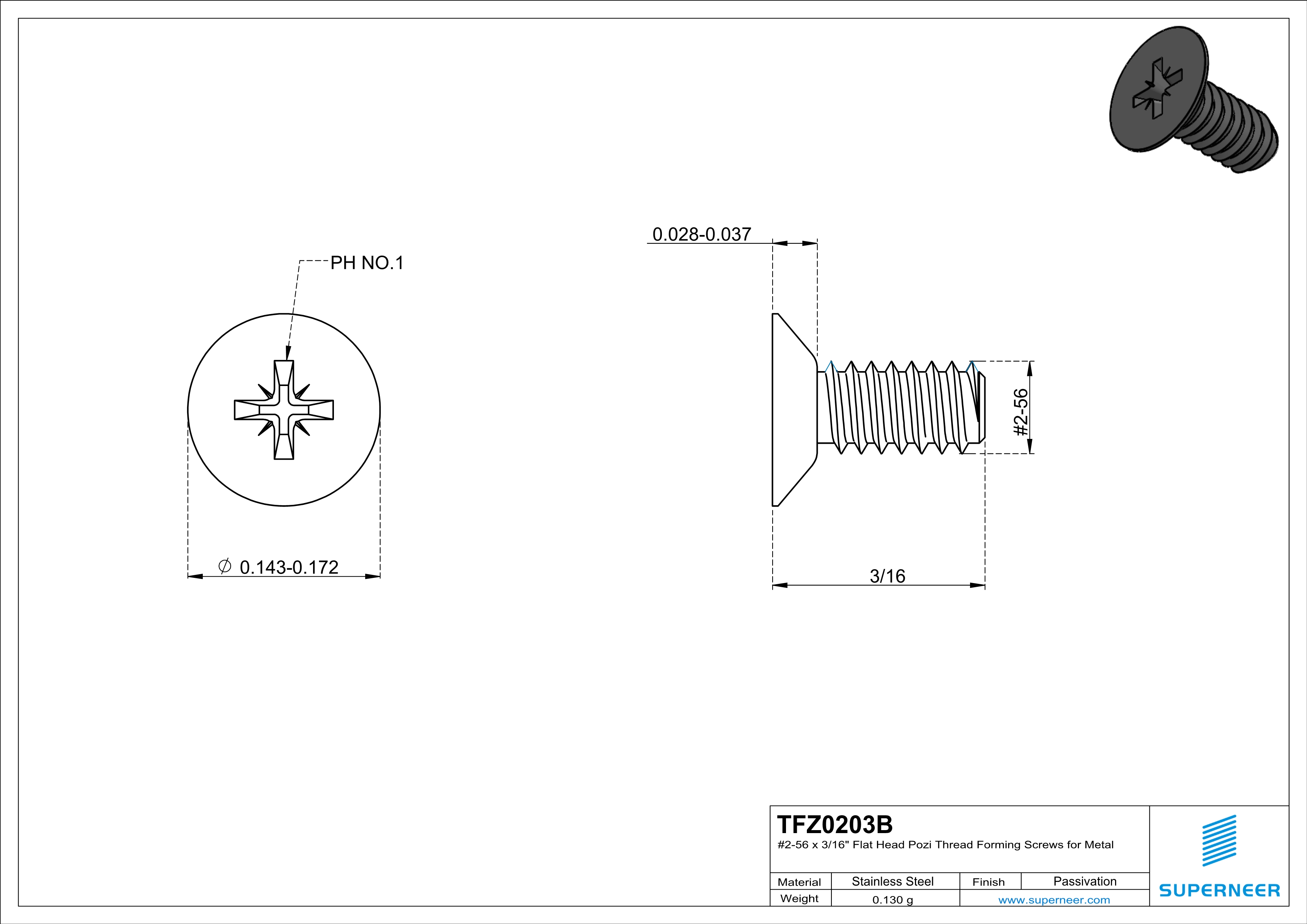 2-56 × 3/16 Flat Head Pozi Thread Forming  Screws for Metal  Steel Black