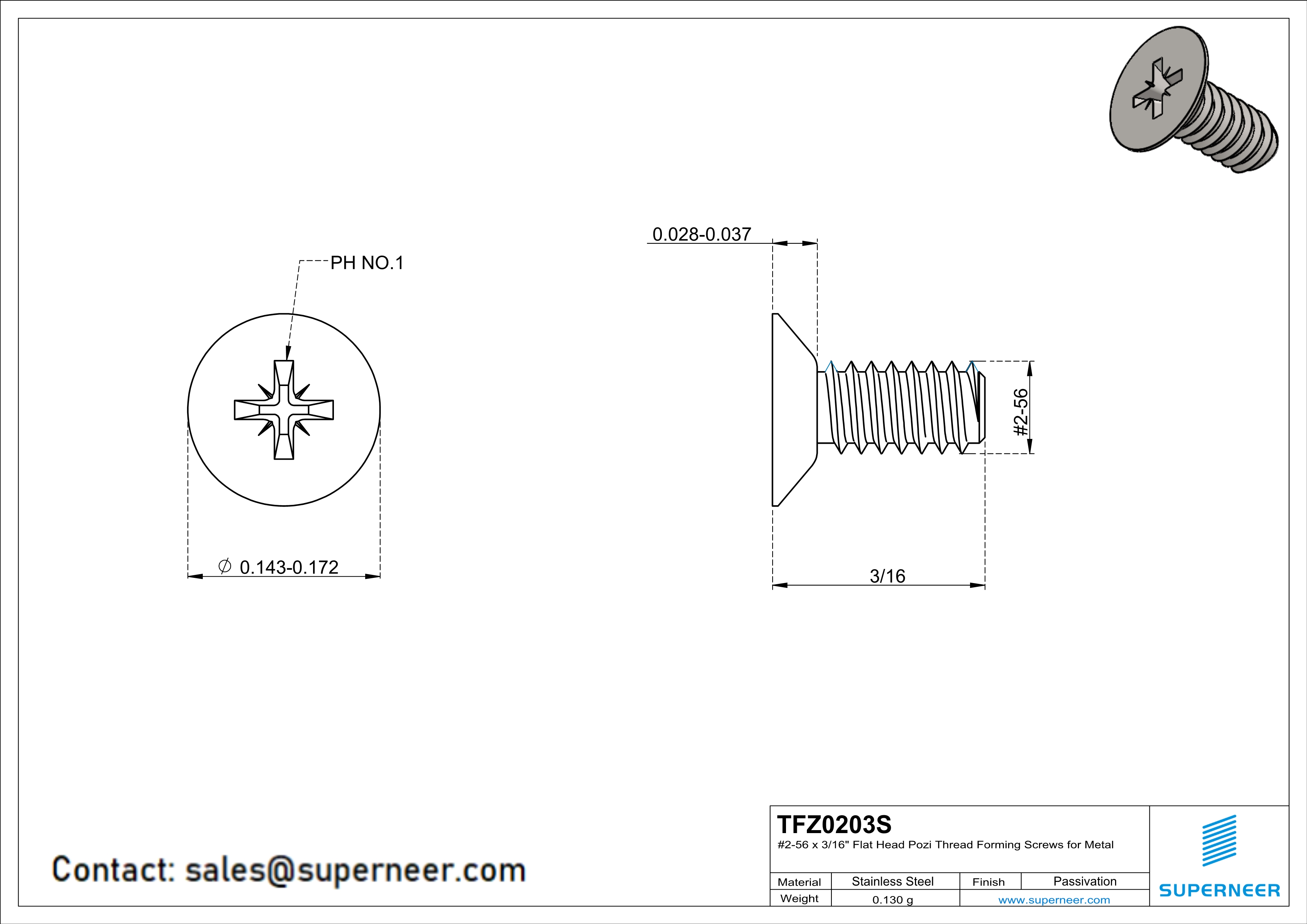 2-56 × 3/16 Flat Head Pozi Thread Forming  Screws for Metal  SUS304 Stainless Steel Inox