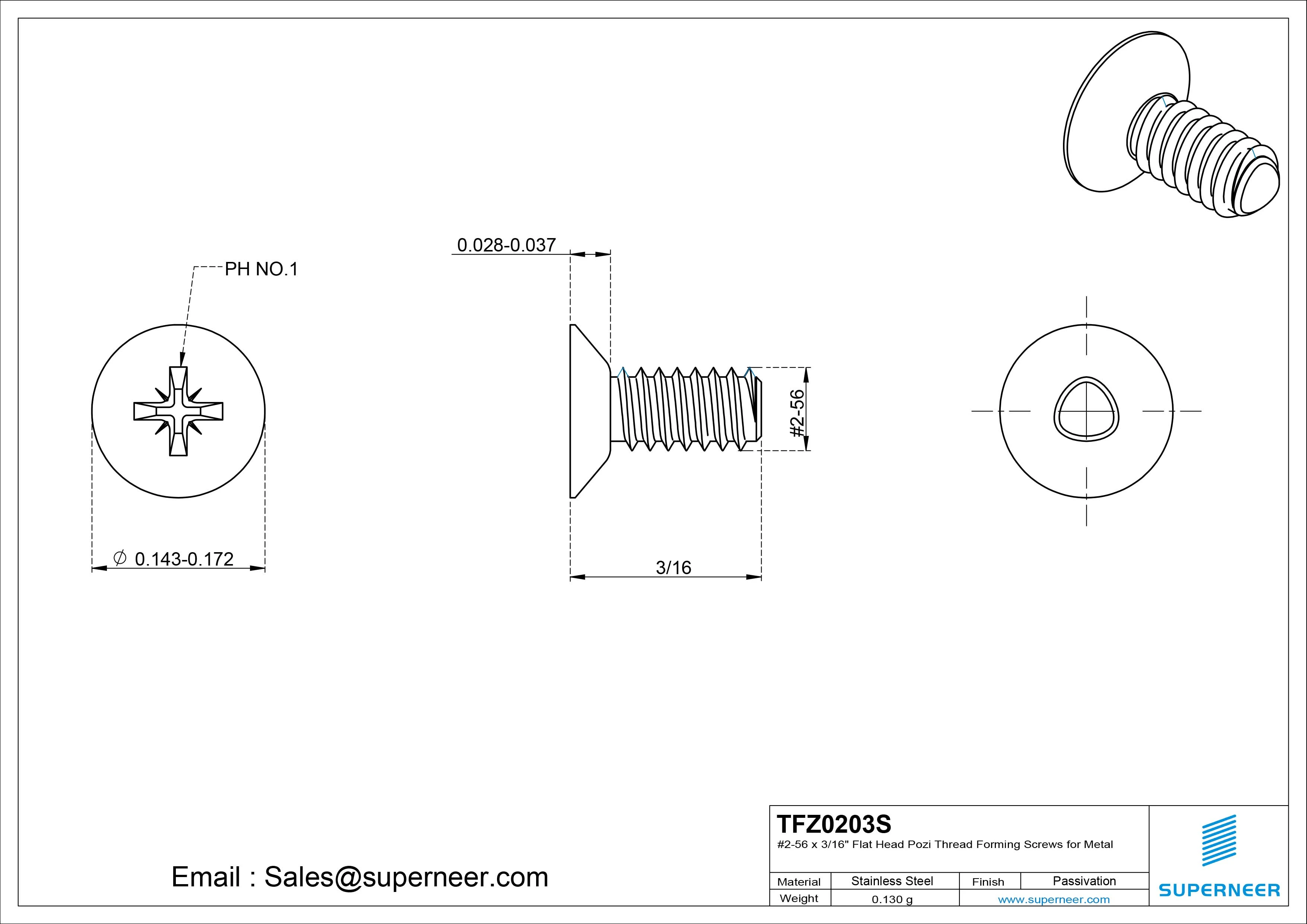 2-56 × 3/16 Flat Head Pozi Thread Forming  Screws for Metal  SUS304 Stainless Steel Inox