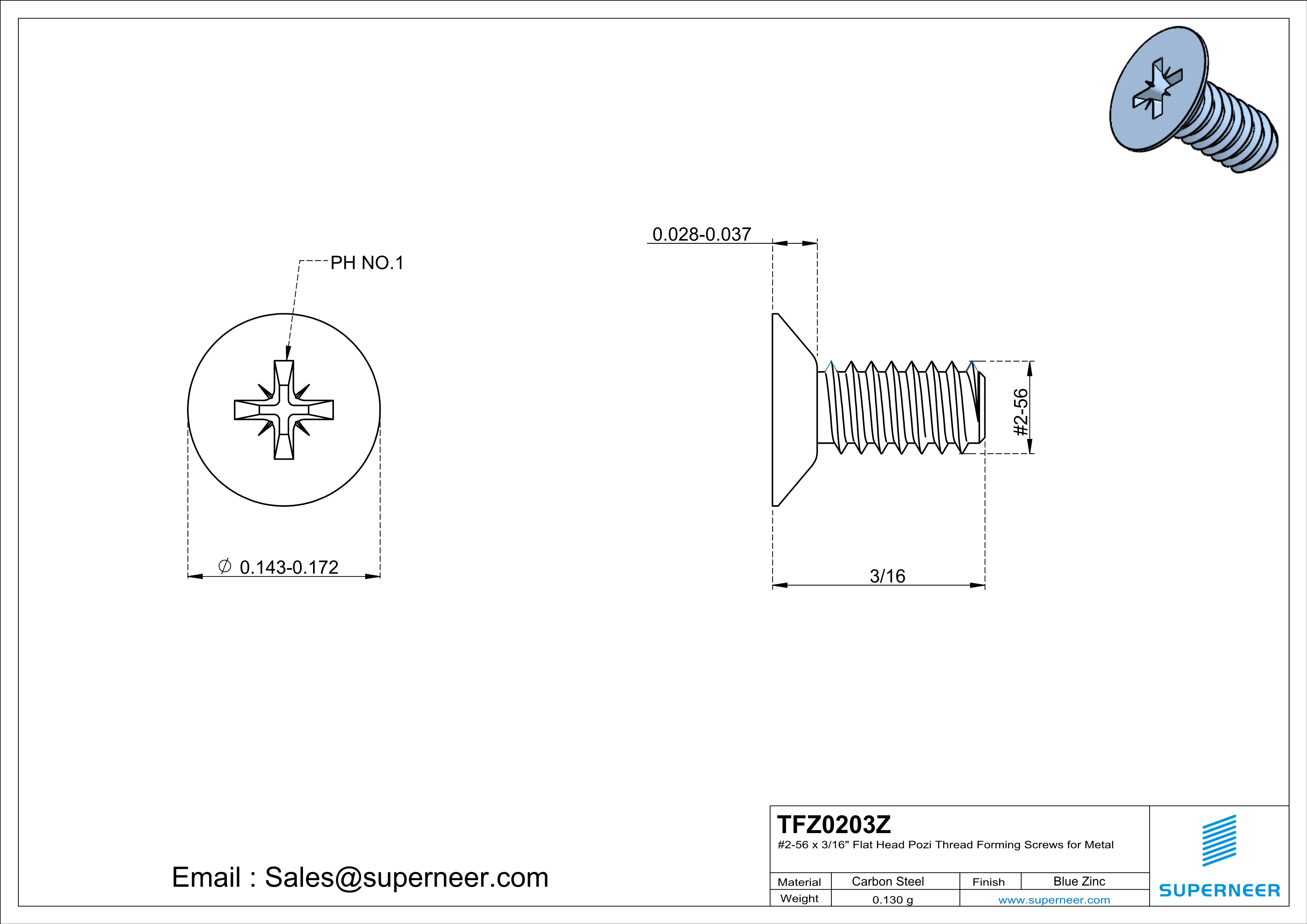 2-56 × 3/16 Flat Head Pozi Thread Forming  Screws for Metal  Steel Blue Zinc Plated