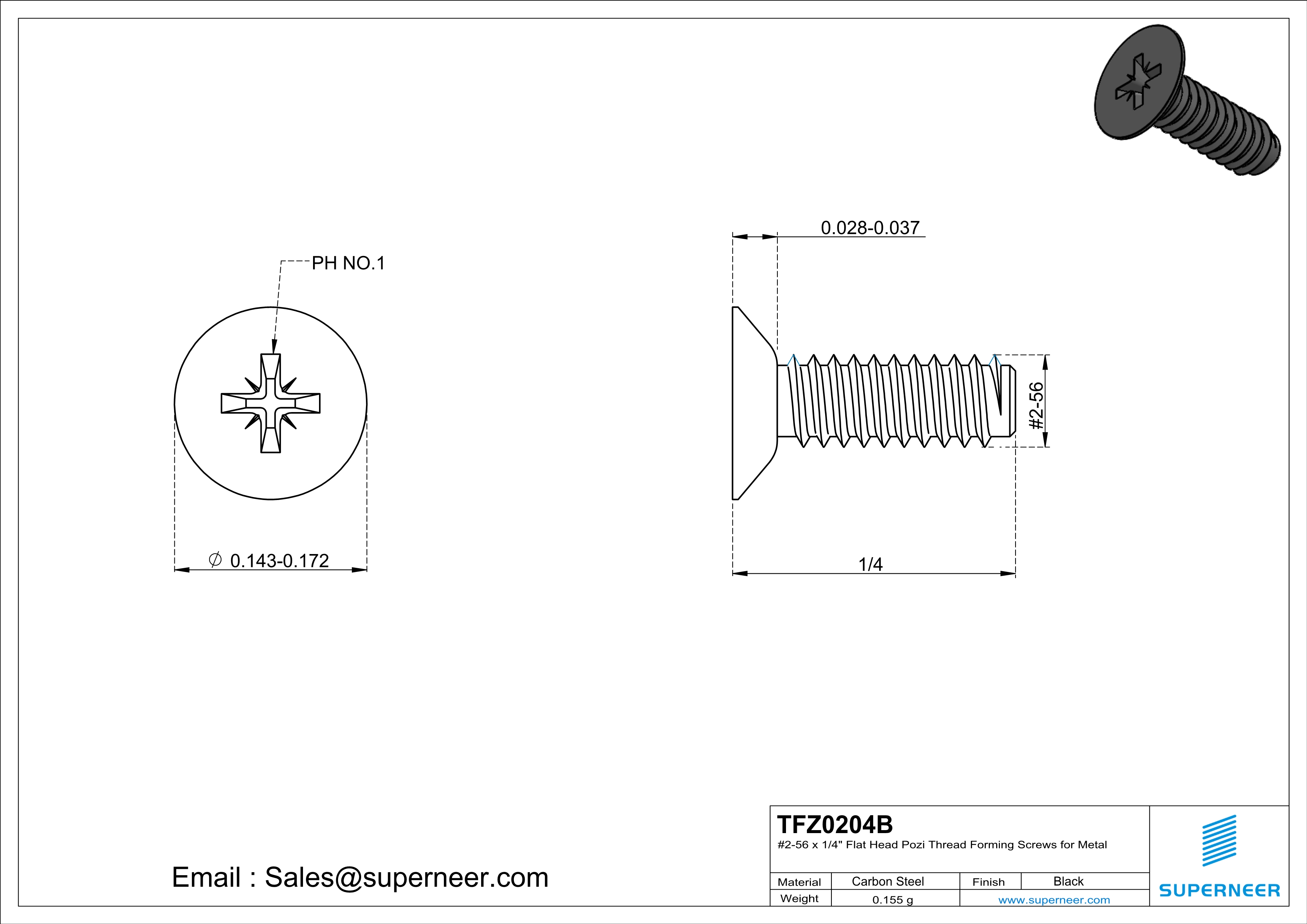 2-56 × 1/4 Flat Head Pozi Thread Forming  Screws for Metal  Steel Black