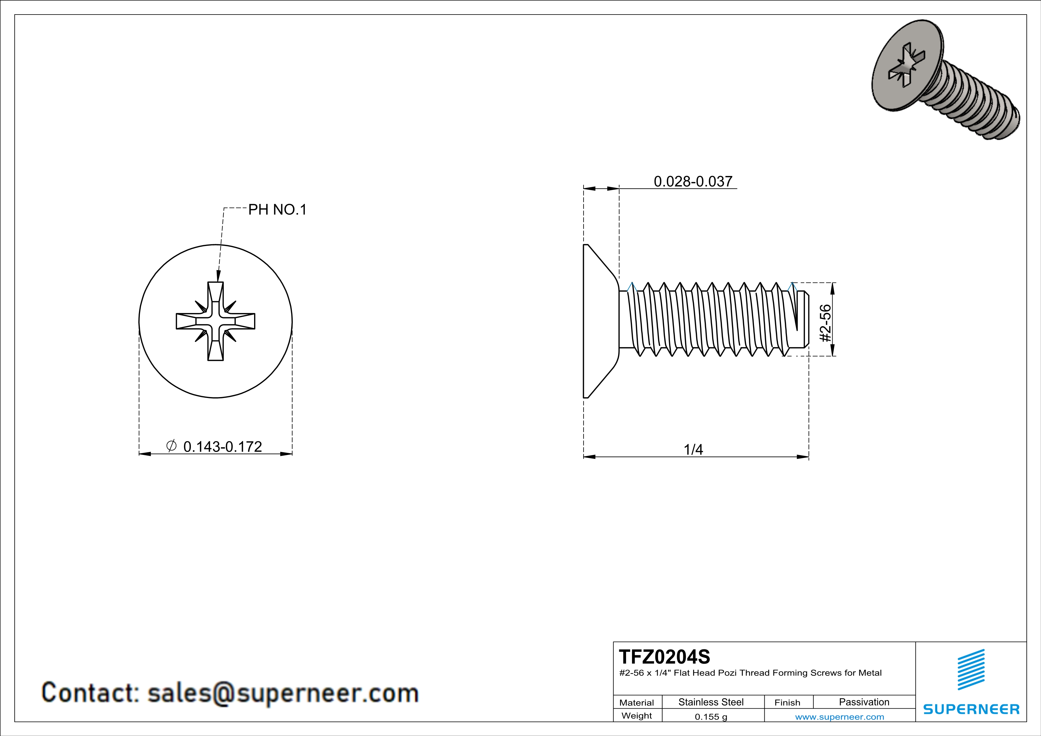 2-56 × 1/4 Flat Head Pozi Thread Forming  Screws for Metal  SUS304 Stainless Steel Inox