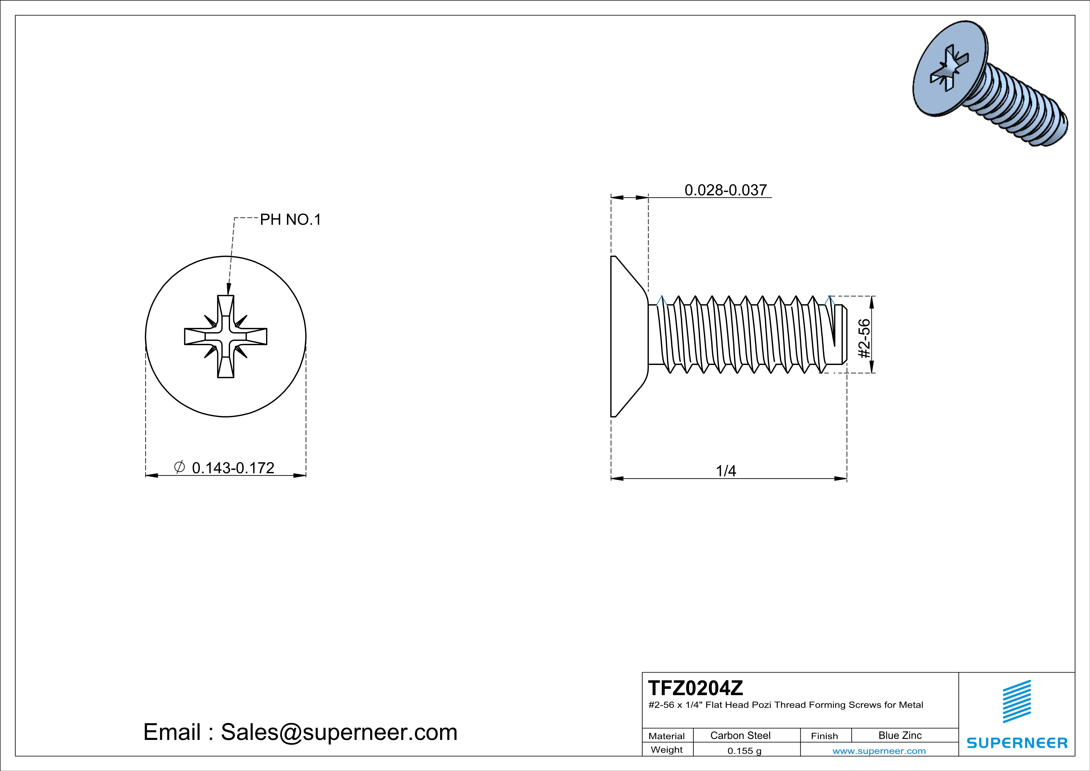 2-56 × 1/4 Flat Head Pozi Thread Forming  Screws for Metal  Steel Blue Zinc Plated