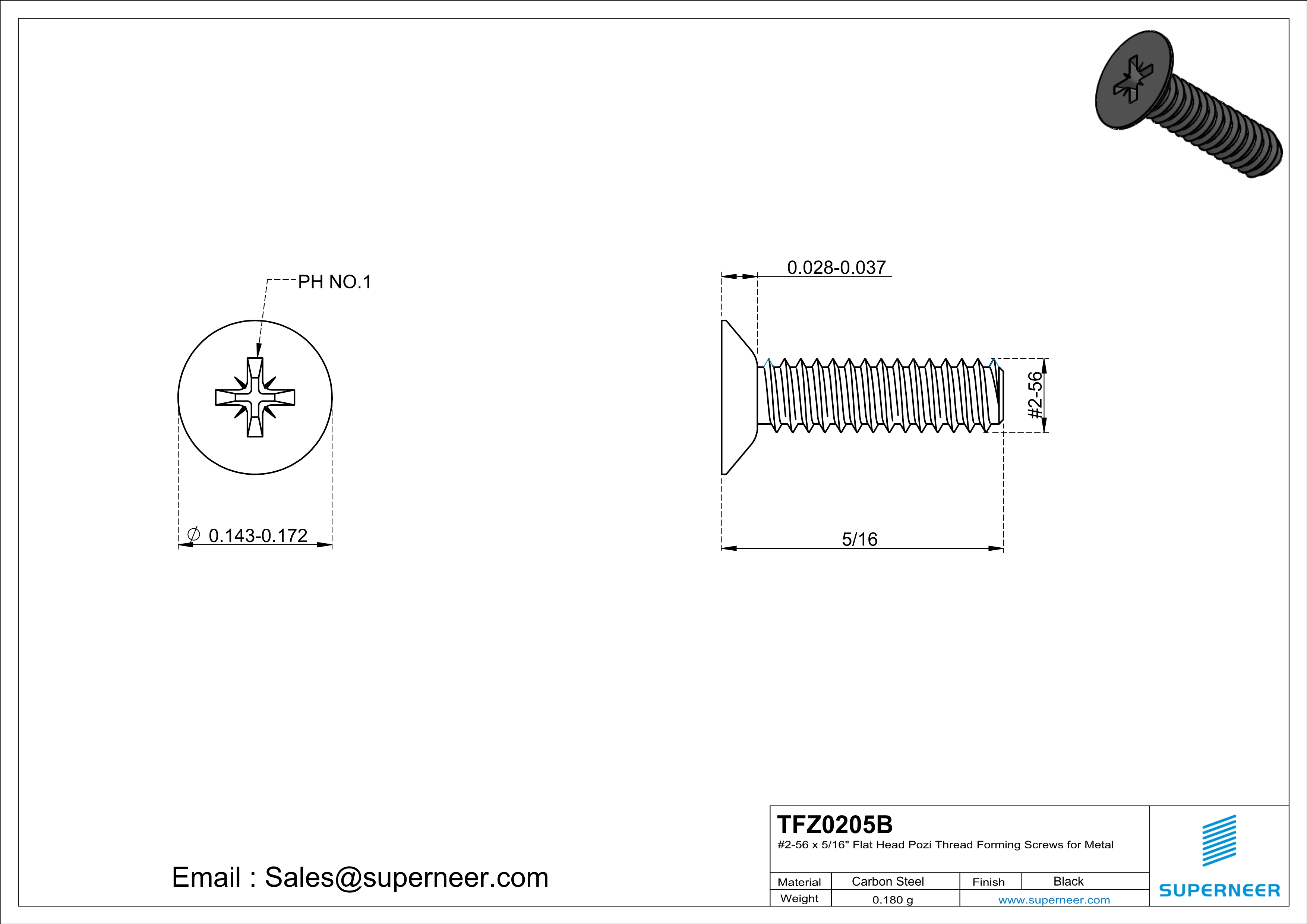 2-56 × 5/16 Flat Head Pozi Thread Forming  Screws for Metal  Steel Black