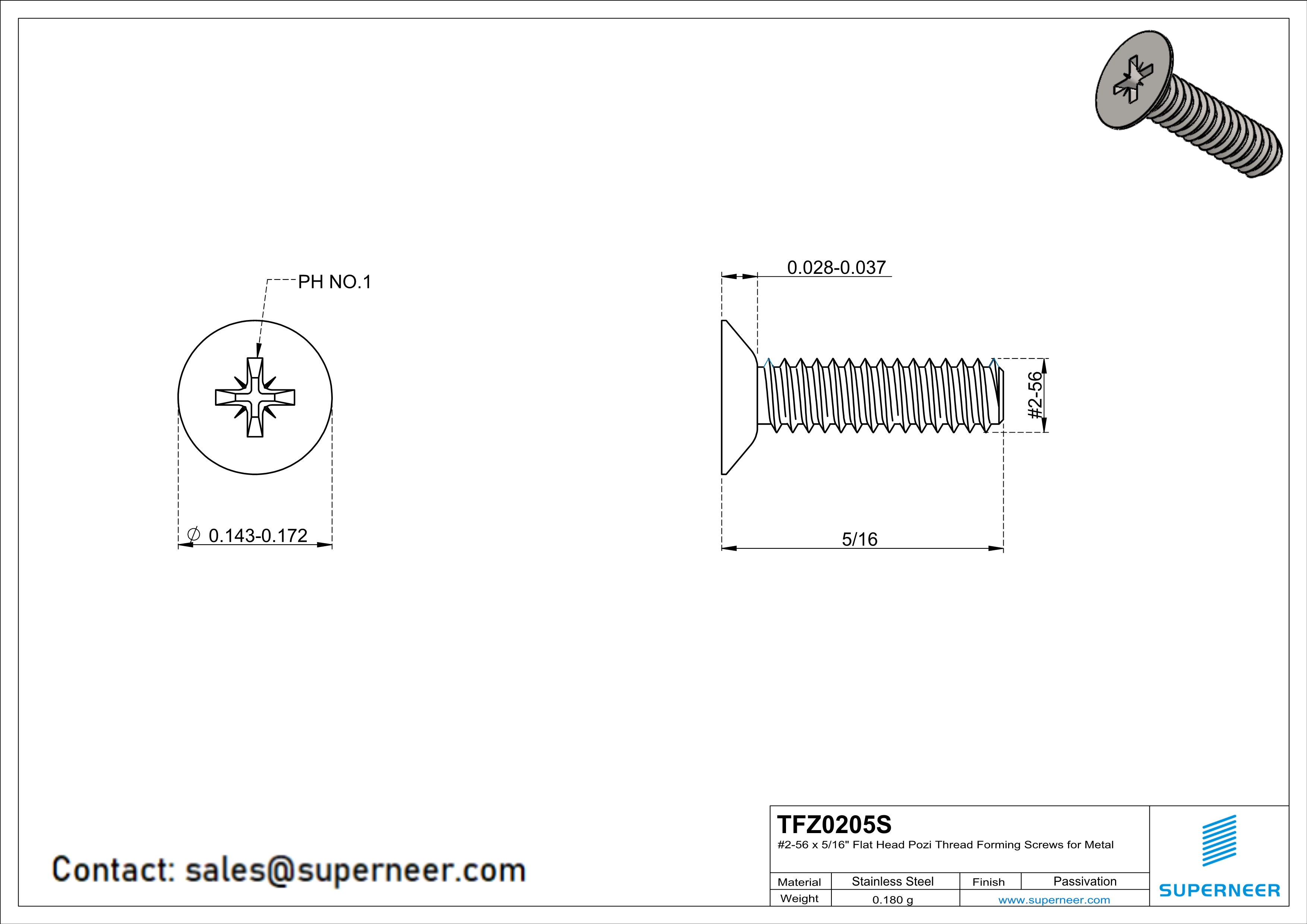 2-56 × 5/16 Flat Head Pozi Thread Forming  Screws for Metal  SUS304 Stainless Steel Inox