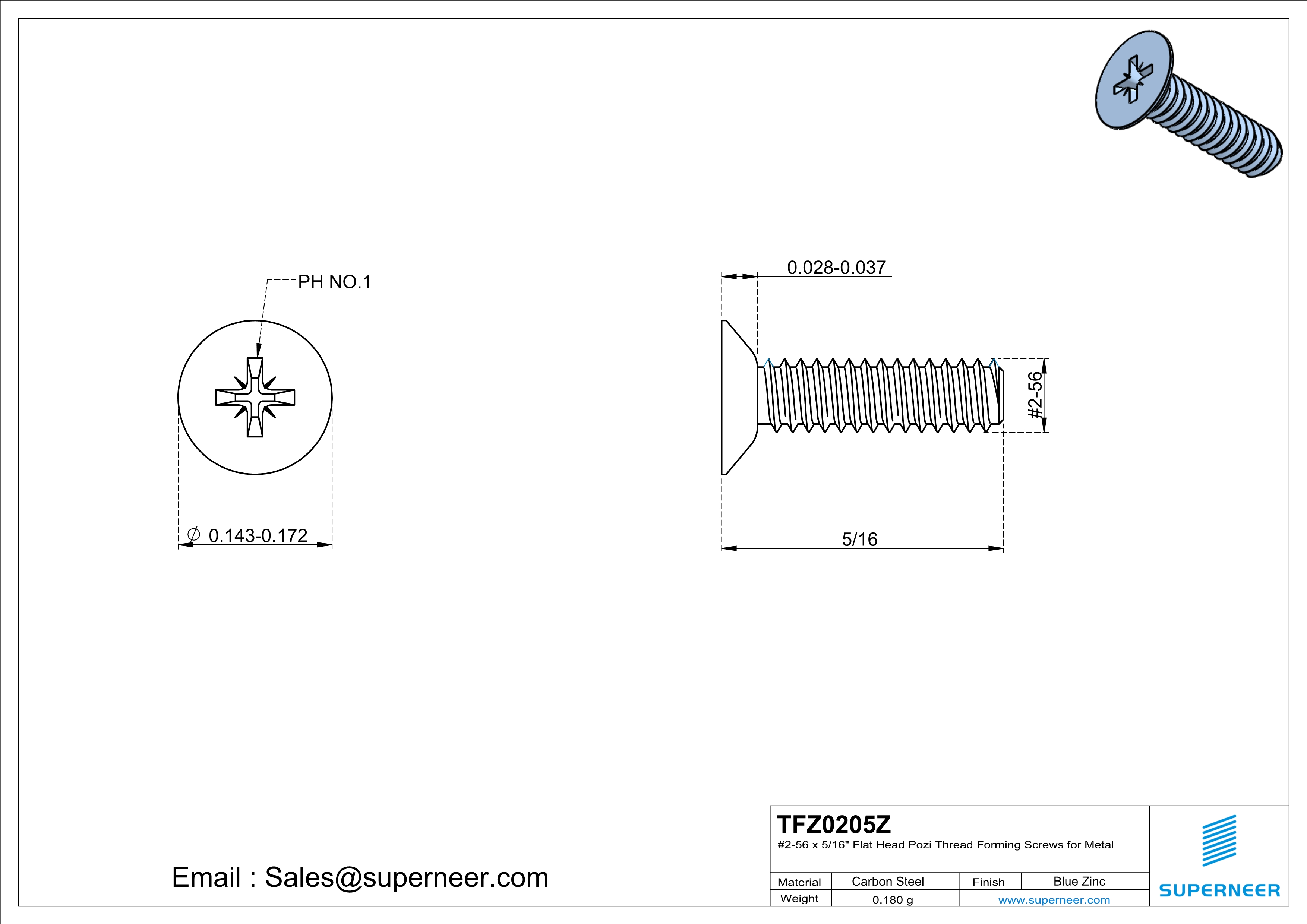 2-56 × 5/16 Flat Head Pozi Thread Forming  Screws for Metal  Steel Blue Zinc Plated