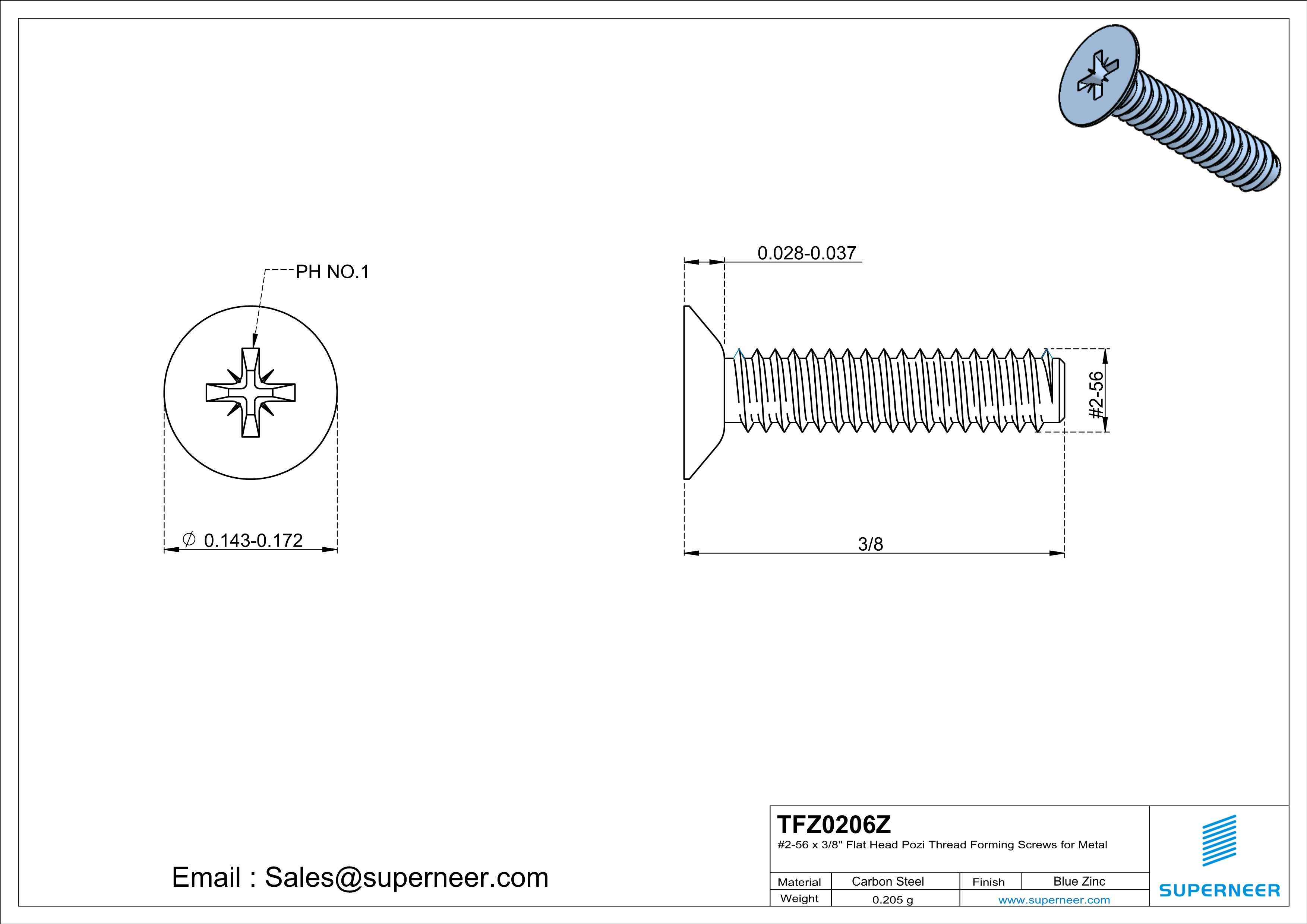 2-56 × 3/8 Flat Head Pozi Thread Forming  Screws for Metal  Steel Blue Zinc Plated