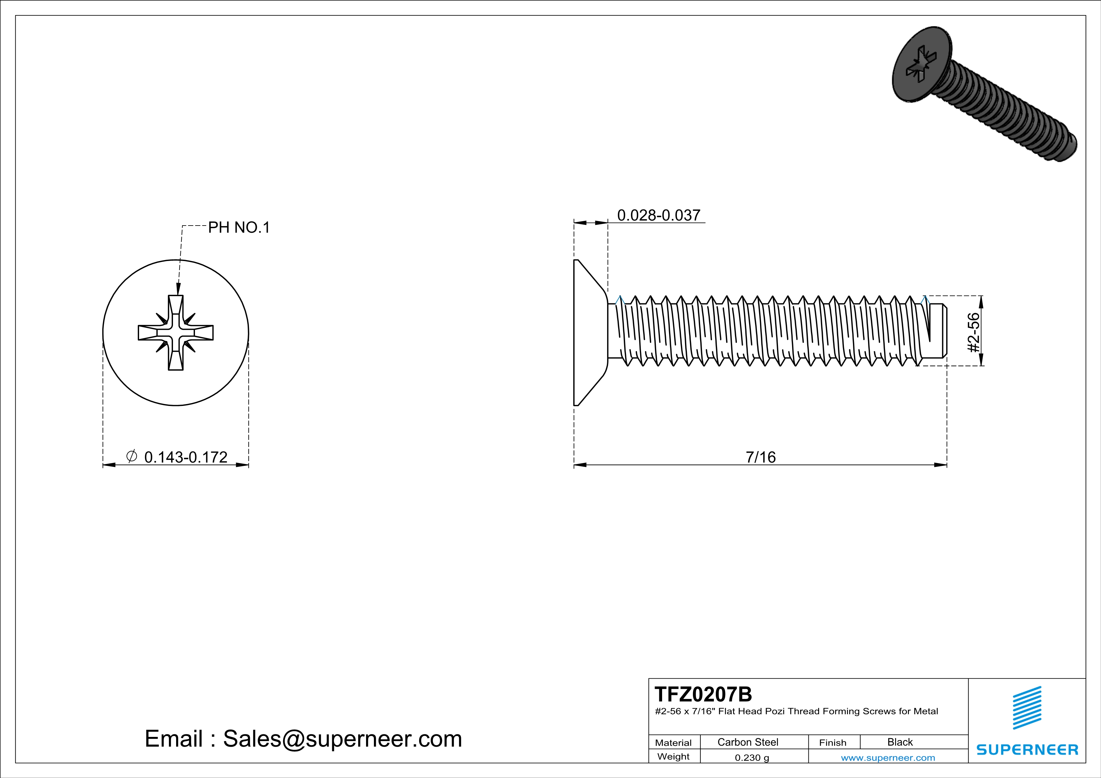 2-56 × 7/16 Flat Head Pozi Thread Forming  Screws for Metal  Steel Black