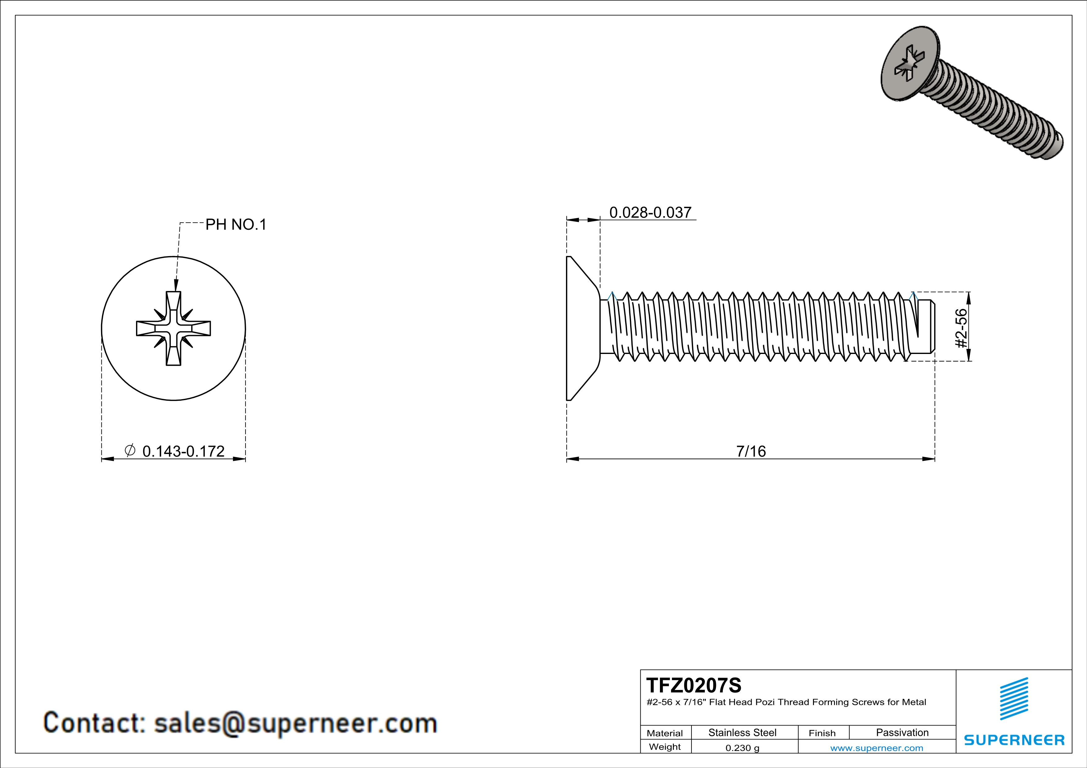 2-56 × 7/16 Flat Head Pozi Thread Forming  Screws for Metal  SUS304 Stainless Steel Inox