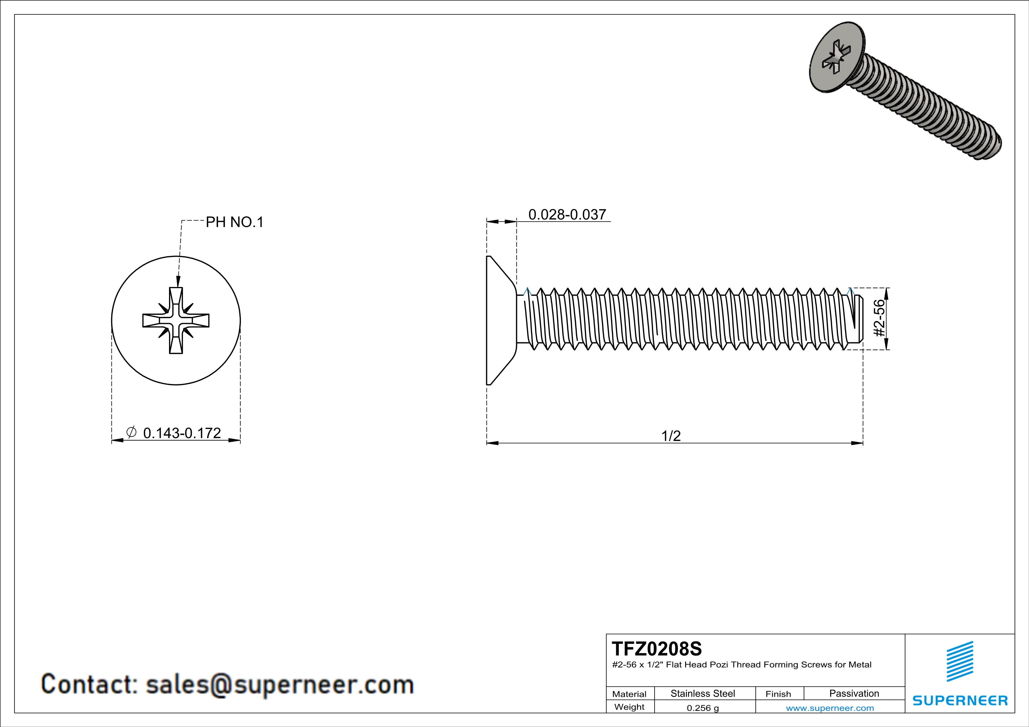 2-56 × 1/2 Flat Head Pozi Thread Forming  Screws for Metal  SUS304 Stainless Steel Inox