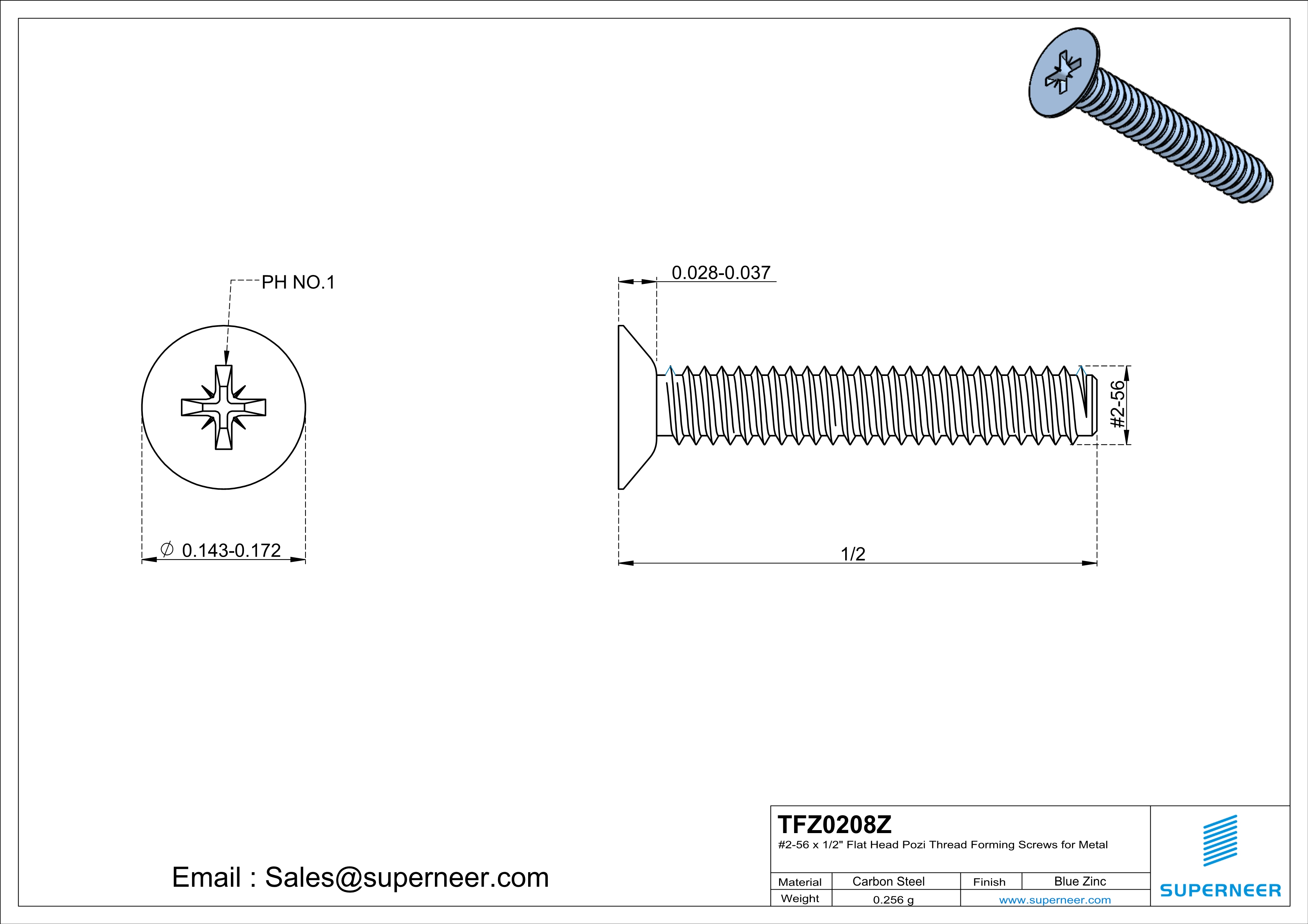 2-56 × 1/2 Flat Head Pozi Thread Forming  Screws for Metal  Steel Blue Zinc Plated