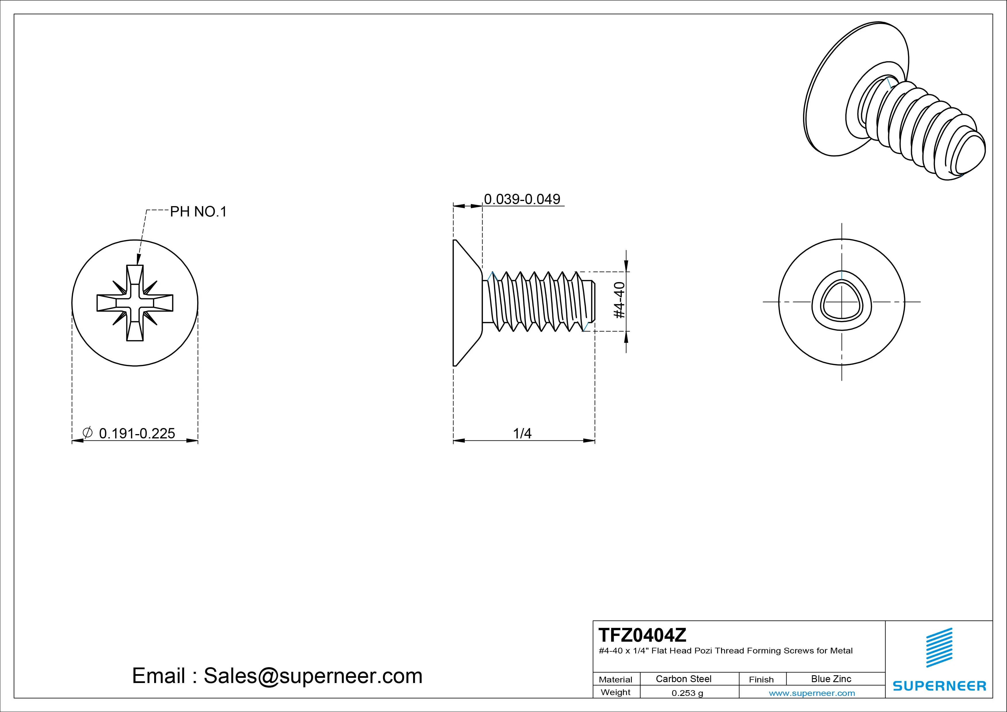 4-40 × 1/4 Flat Head Pozi Thread Forming  Screws for Metal  Steel Blue Zinc Plated