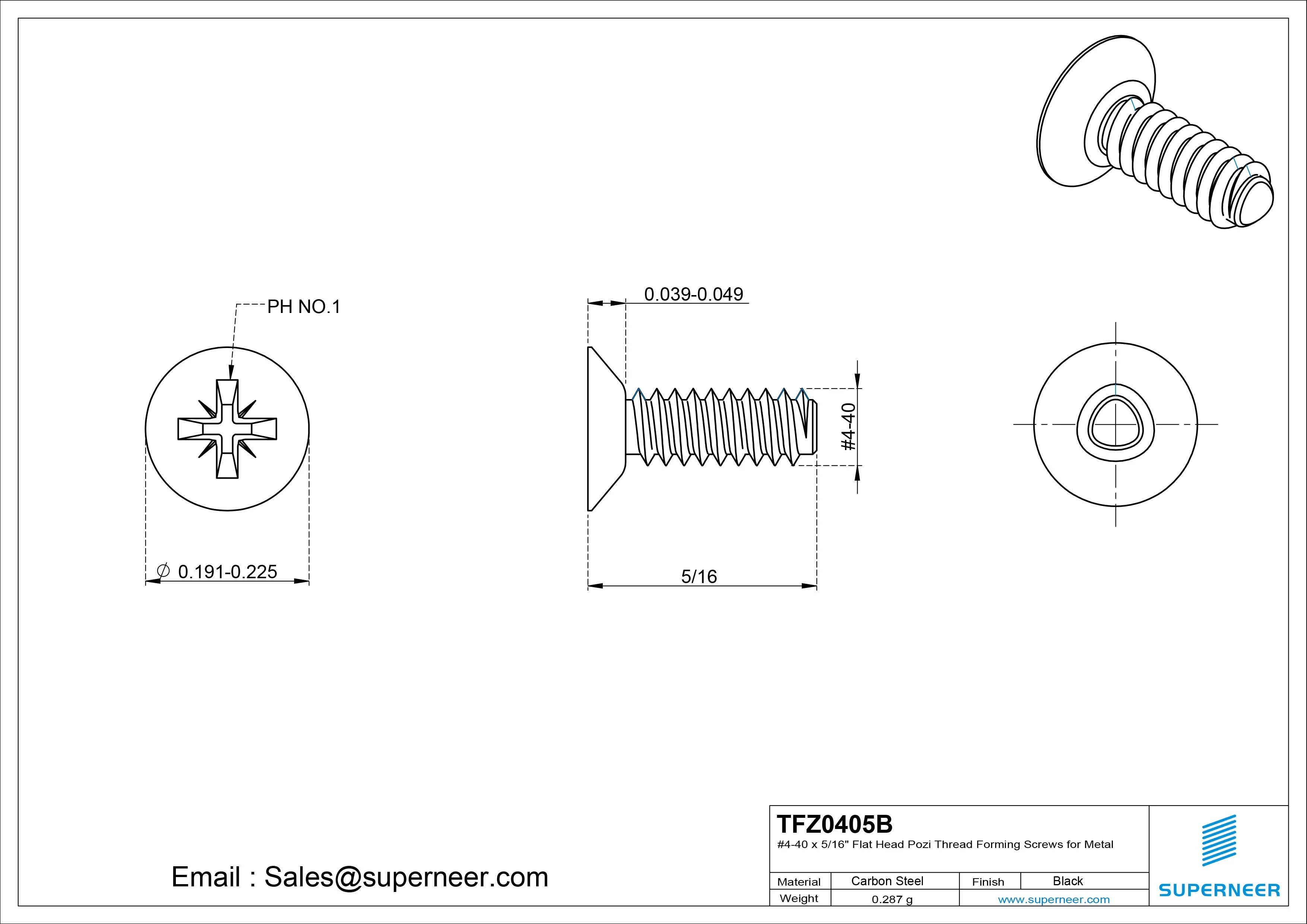 4-40 × 5/16 Flat Head Pozi Thread Forming  Screws for Metal  Steel Black