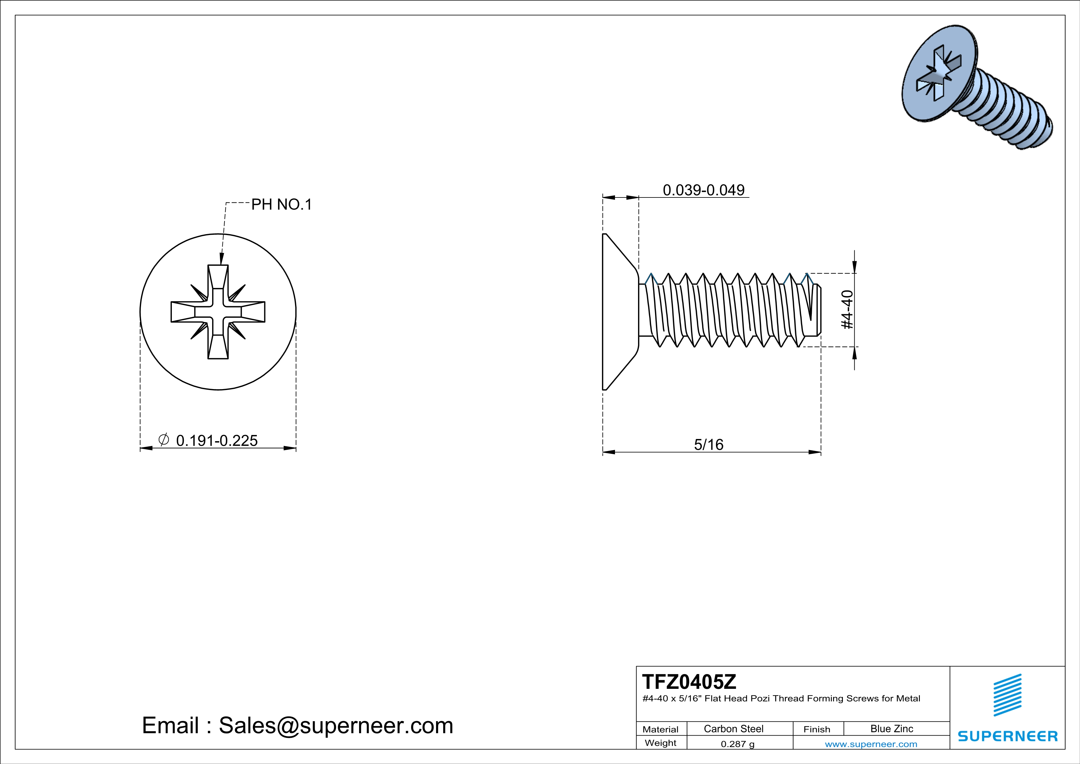 4-40 × 5/16 Flat Head Pozi Thread Forming  Screws for Metal  Steel Blue Zinc Plated