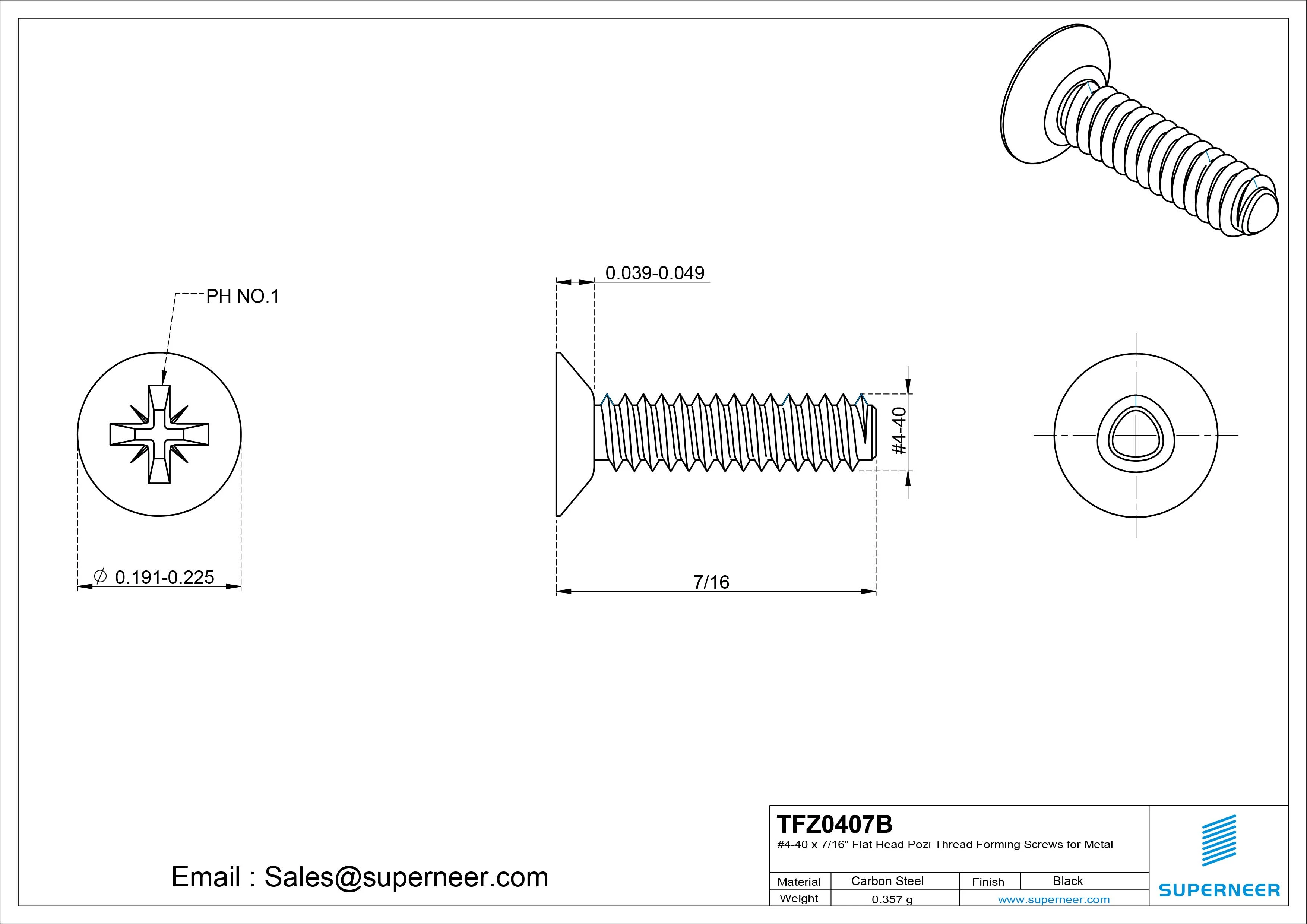 4-40 × 7/16 Flat Head Pozi Thread Forming  Screws for Metal  Steel Black