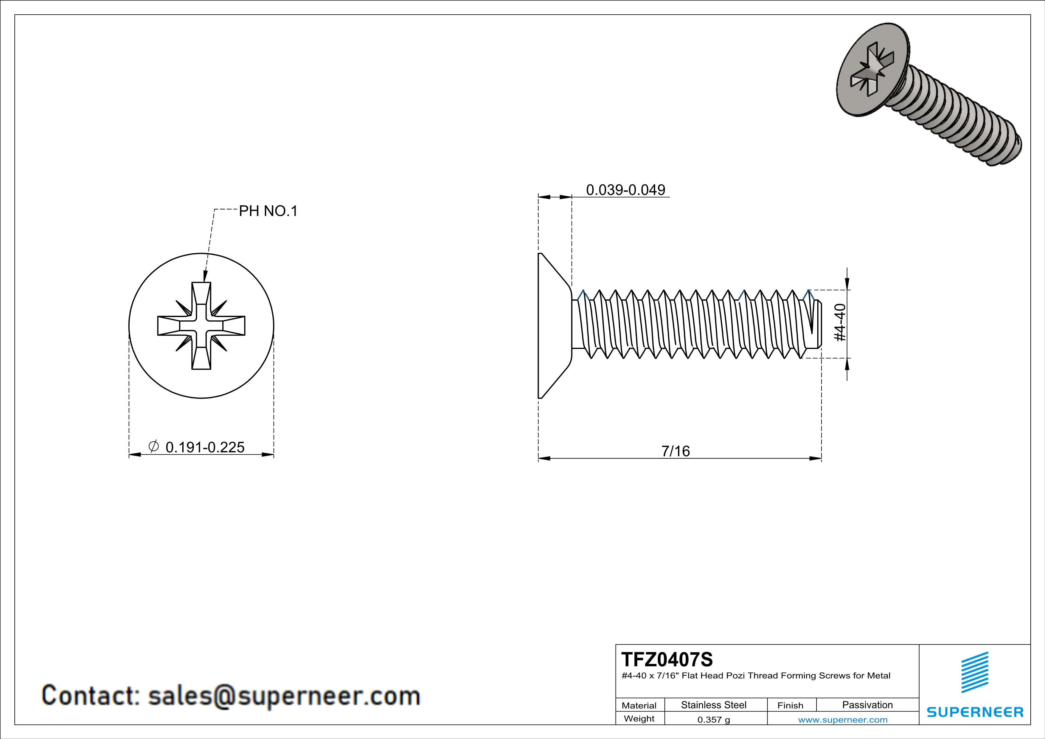 4-40 × 7/16 Flat Head Pozi Thread Forming  Screws for Metal  SUS304 Stainless Steel Inox