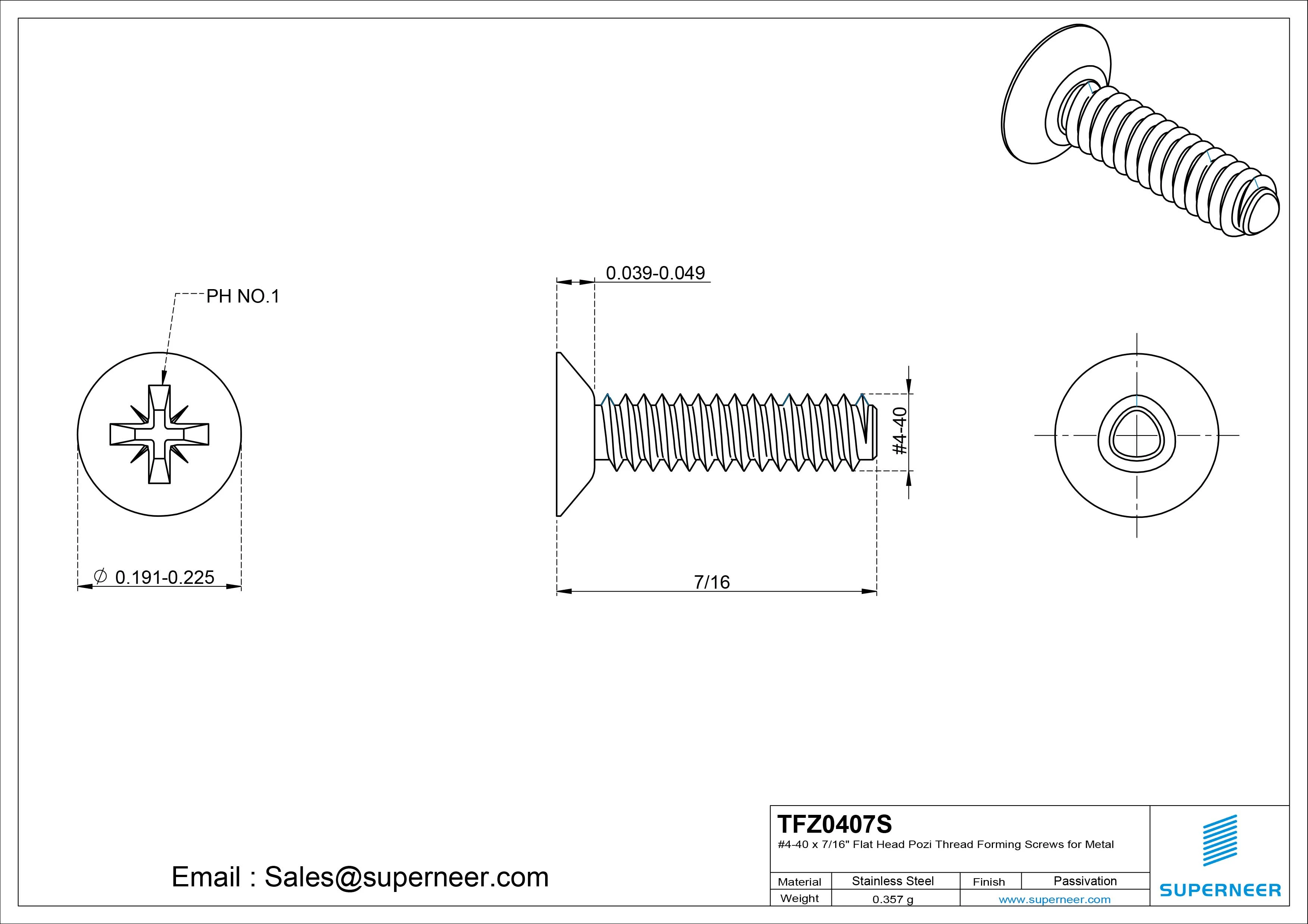 4-40 × 7/16 Flat Head Pozi Thread Forming  Screws for Metal  SUS304 Stainless Steel Inox