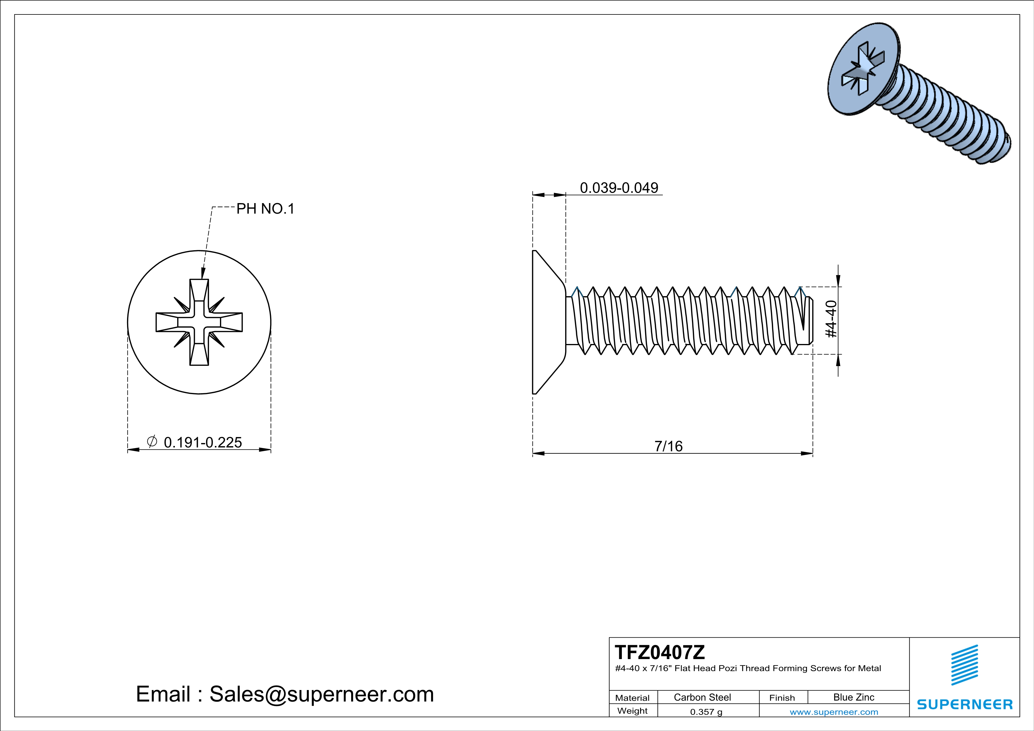 4-40 × 7/16 Flat Head Pozi Thread Forming  Screws for Metal  Steel Blue Zinc Plated