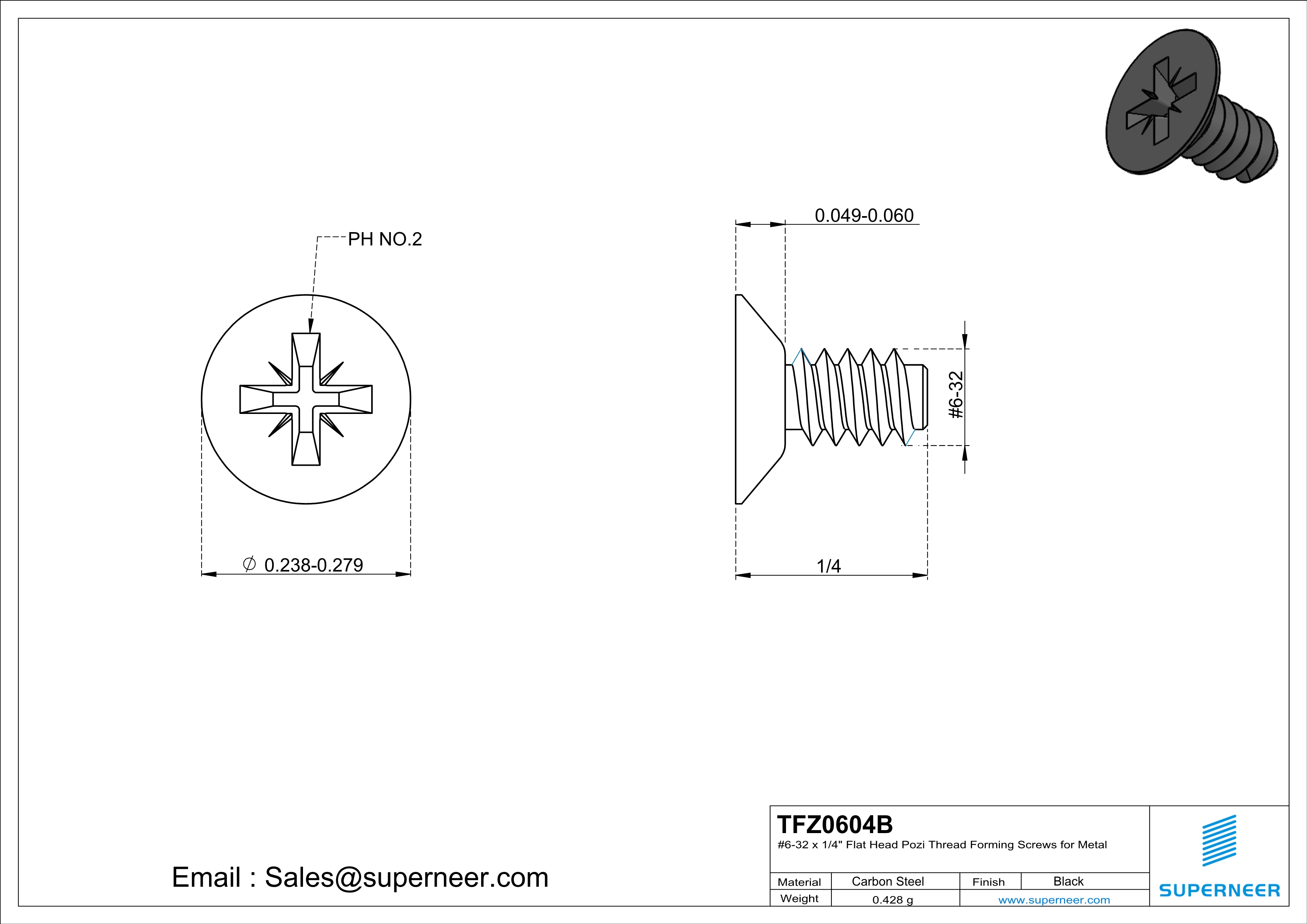 6-32 × 1/4 Flat Head Pozi Thread Forming  Screws for Metal  Steel Black