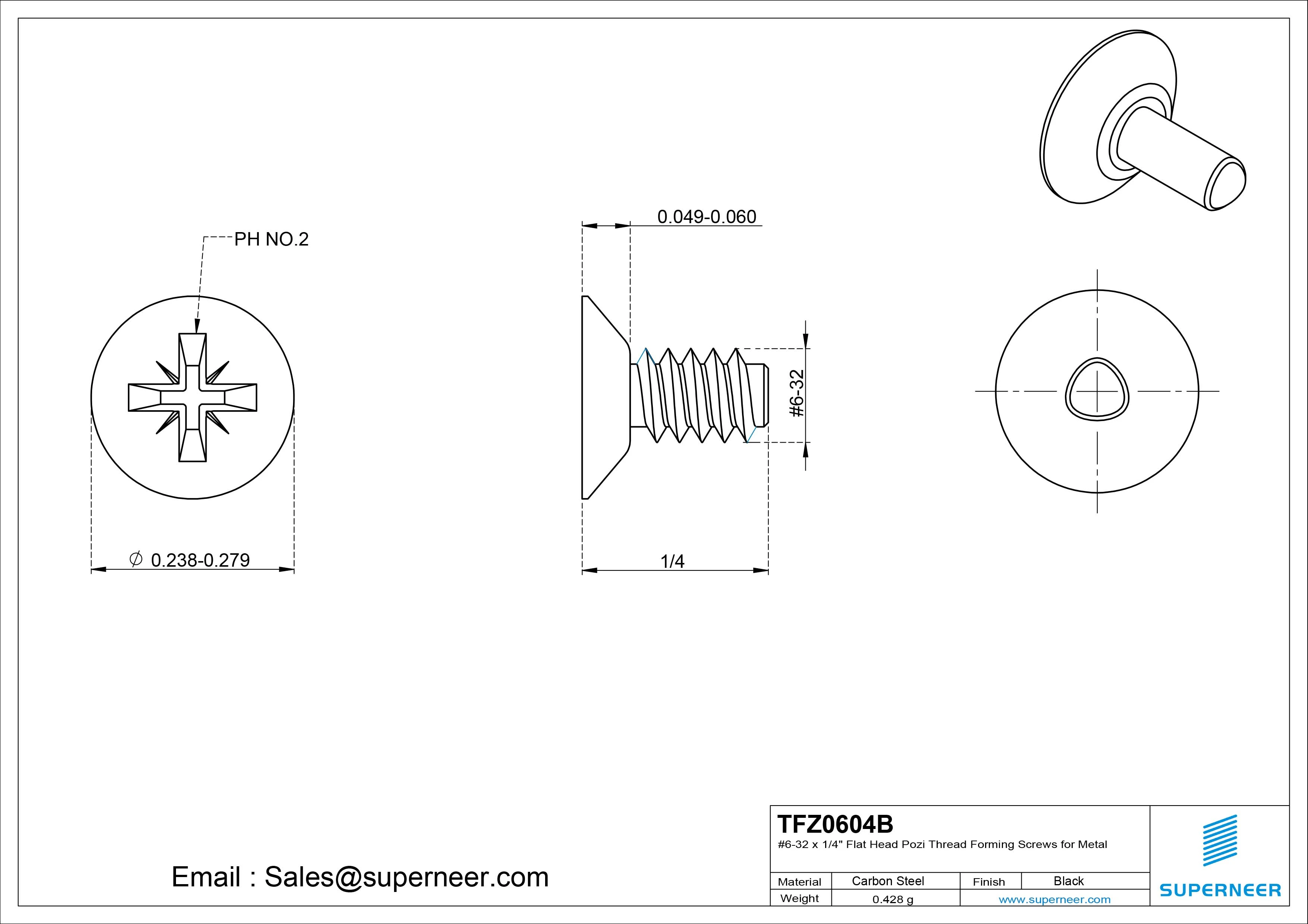 6-32 × 1/4 Flat Head Pozi Thread Forming  Screws for Metal  Steel Black