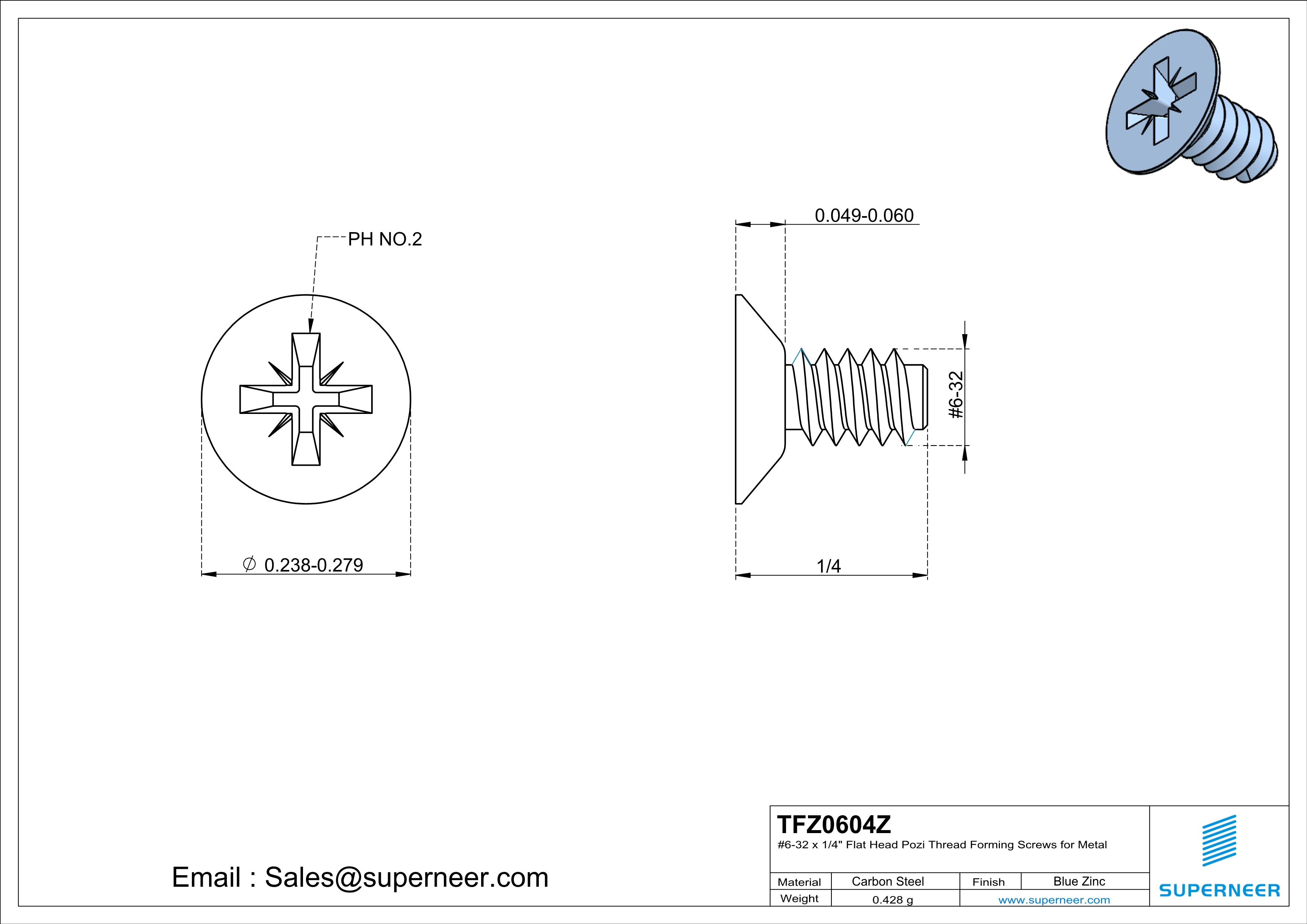 6-32 × 1/4 Flat Head Pozi Thread Forming  Screws for Metal  Steel Blue Zinc Plated