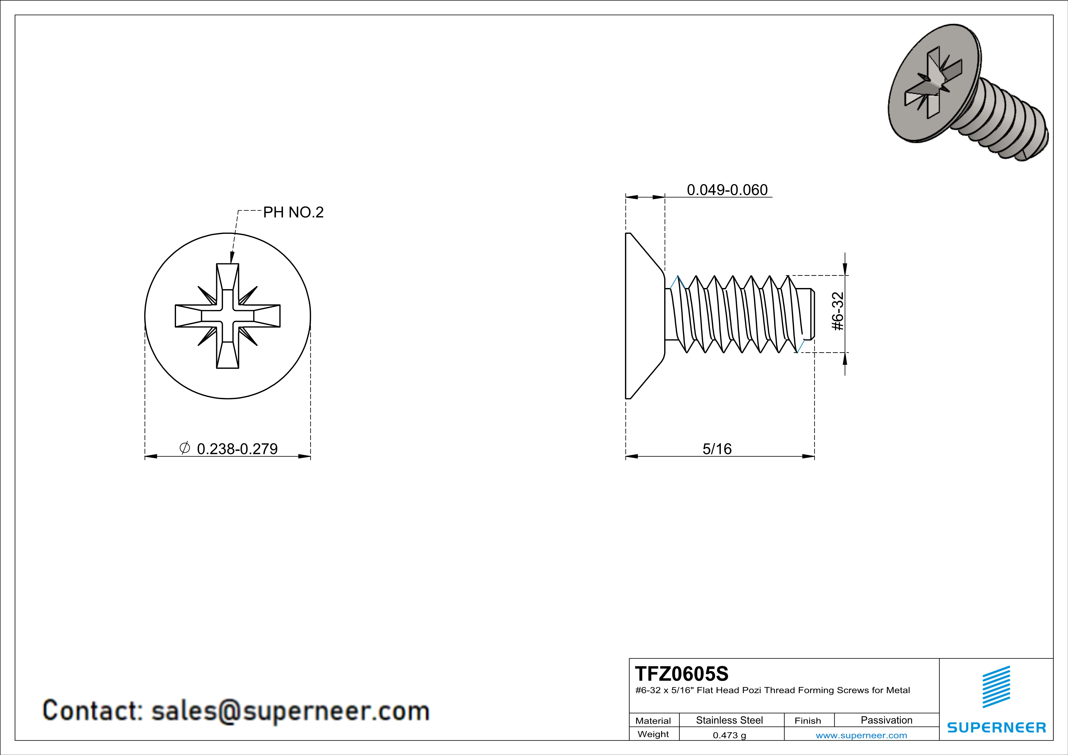 6-32 × 5/16 Flat Head Pozi Thread Forming  Screws for Metal  SUS304 Stainless Steel Inox
