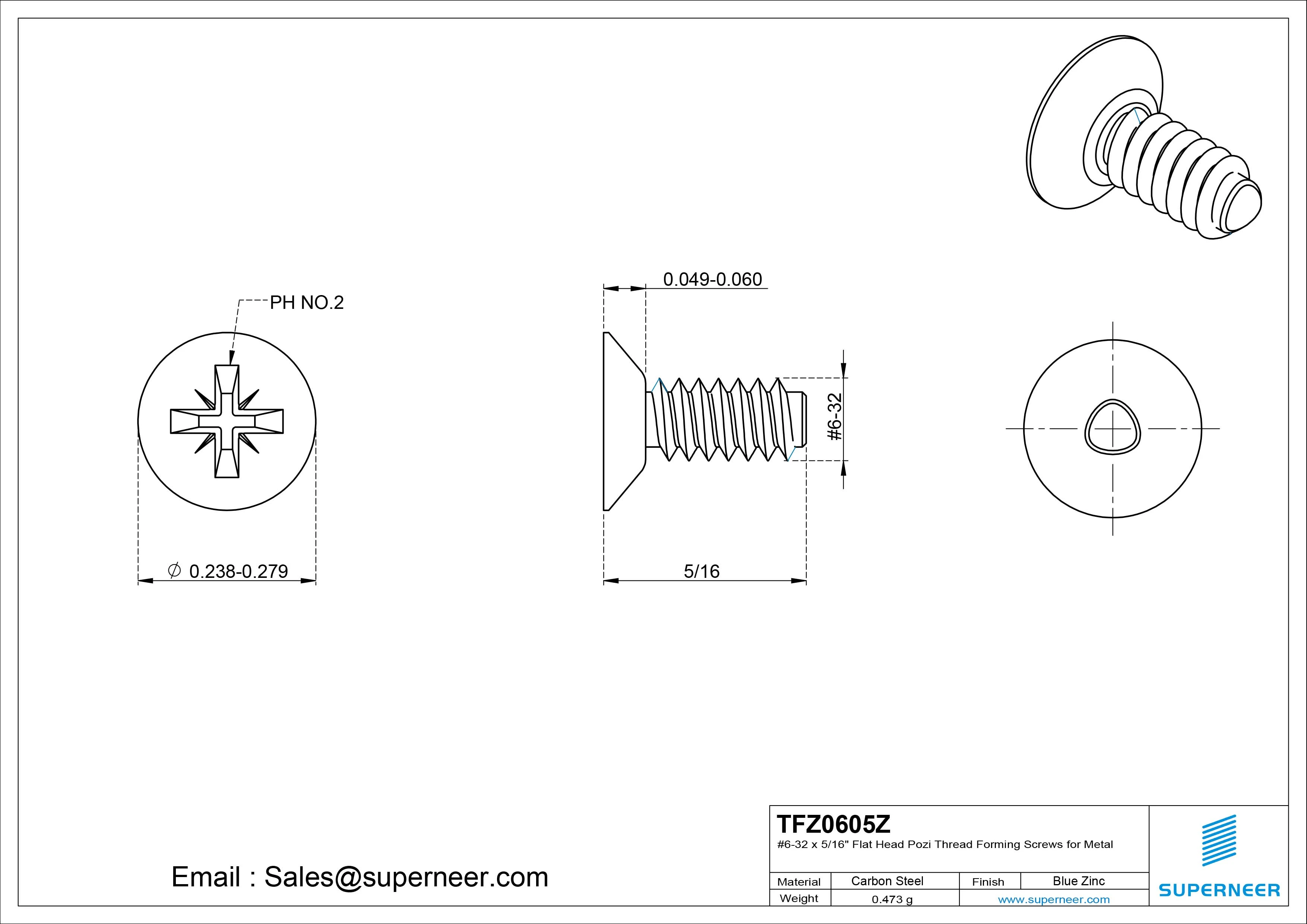 6-32 × 5/16 Flat Head Pozi Thread Forming  Screws for Metal  Steel Blue Zinc Plated