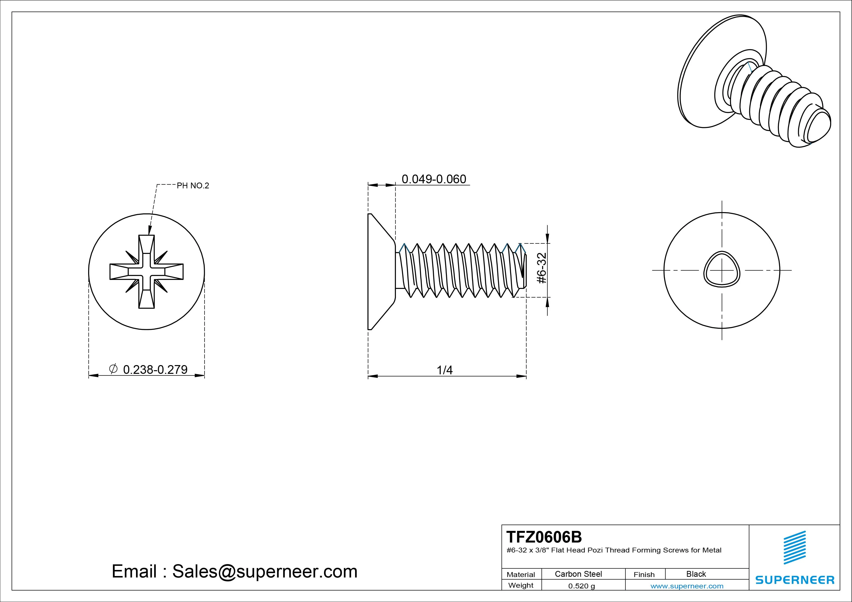 6-32 × 3/8 Flat Head Pozi Thread Forming  Screws for Metal  Steel Black