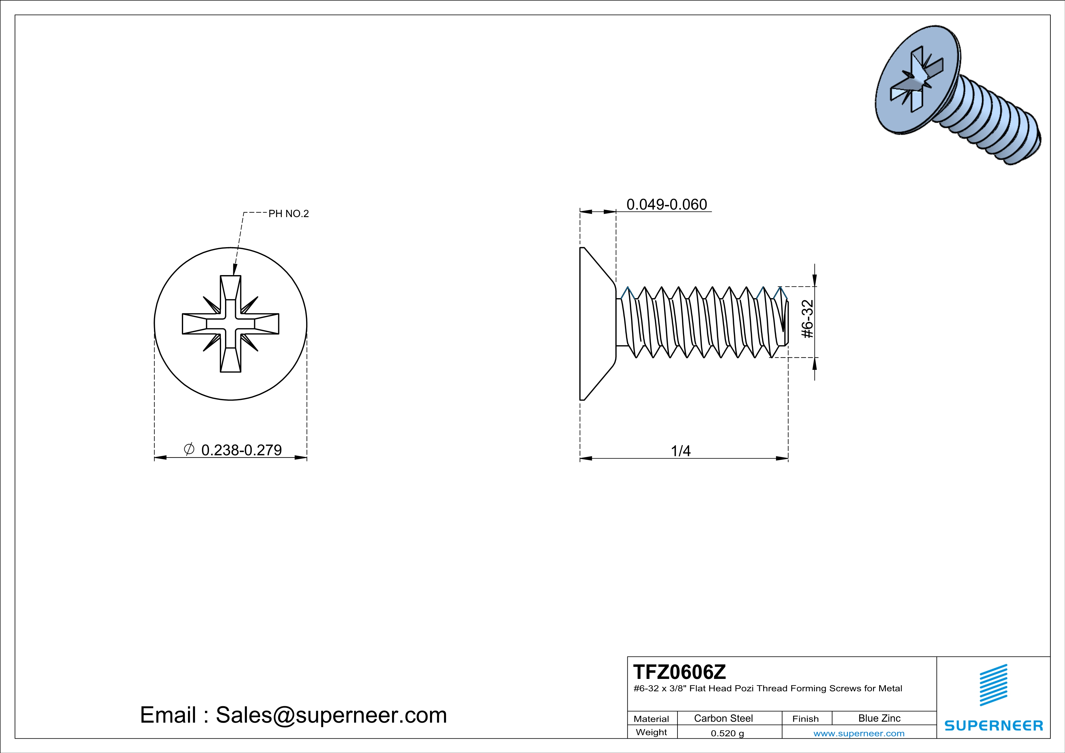 6-32 × 3/8 Flat Head Pozi Thread Forming  Screws for Metal  Steel Blue Zinc Plated