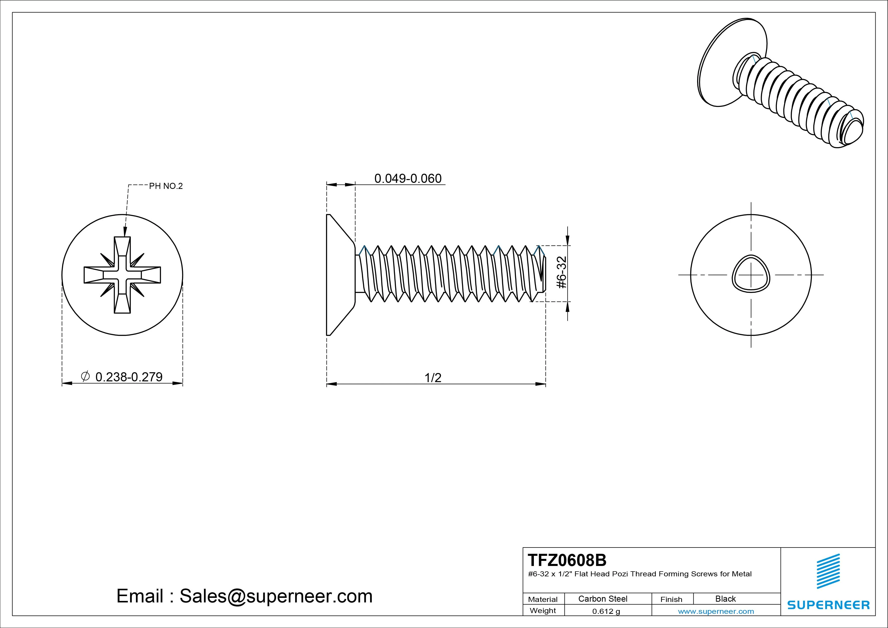 6-32 × 1/2 Flat Head Pozi Thread Forming  Screws for Metal  Steel Black