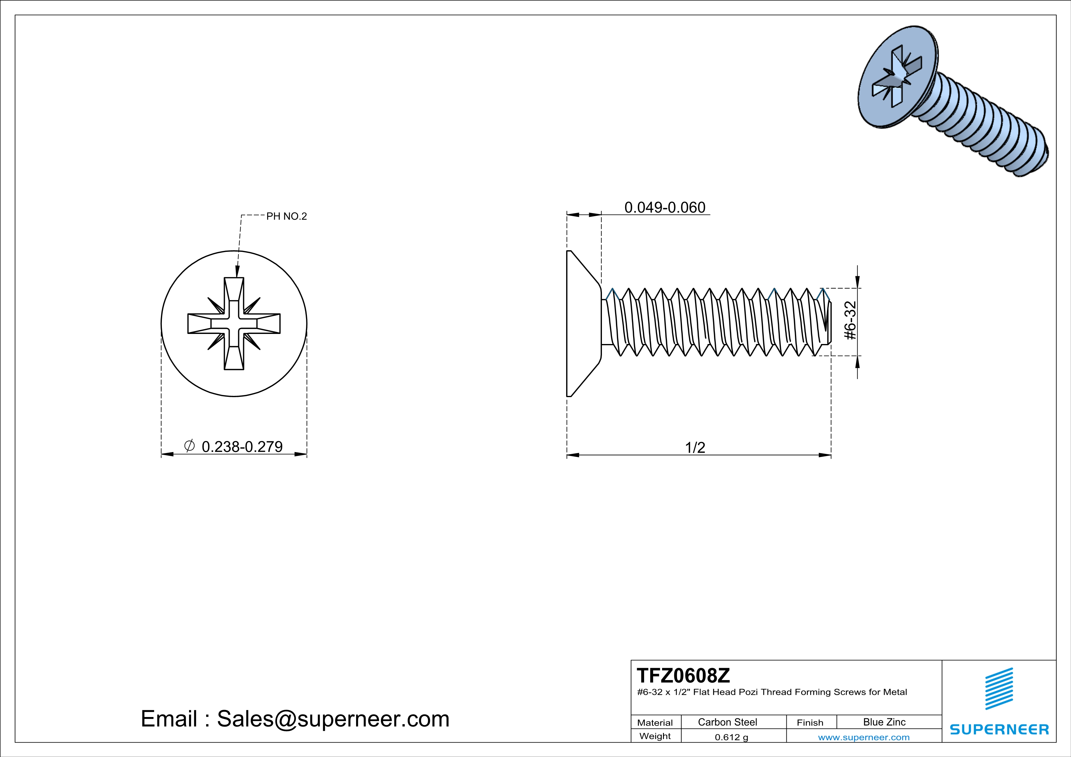 6-32 × 1/2 Flat Head Pozi Thread Forming  Screws for Metal  Steel Blue Zinc Plated