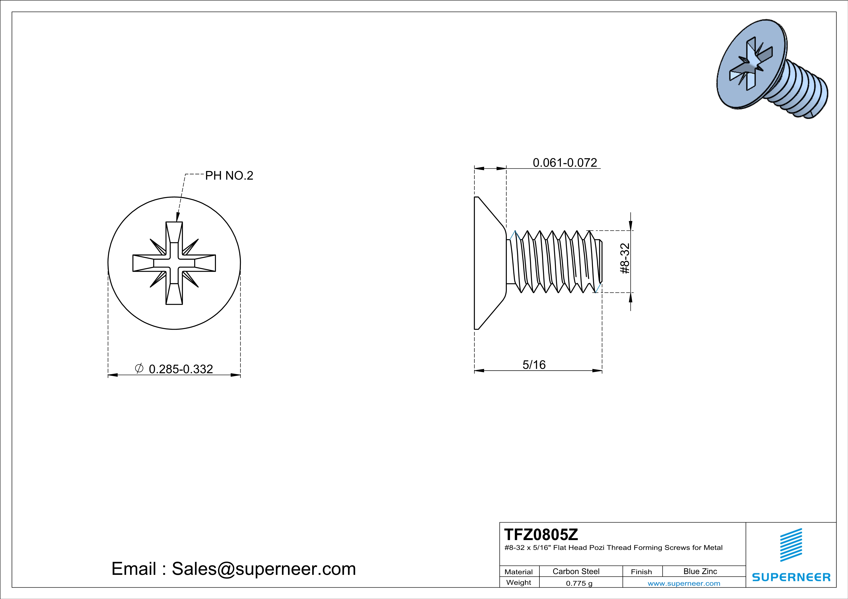 8-32 × 5/16 Flat Head Pozi Thread Forming  Screws for Metal  Steel Blue Zinc Plated
