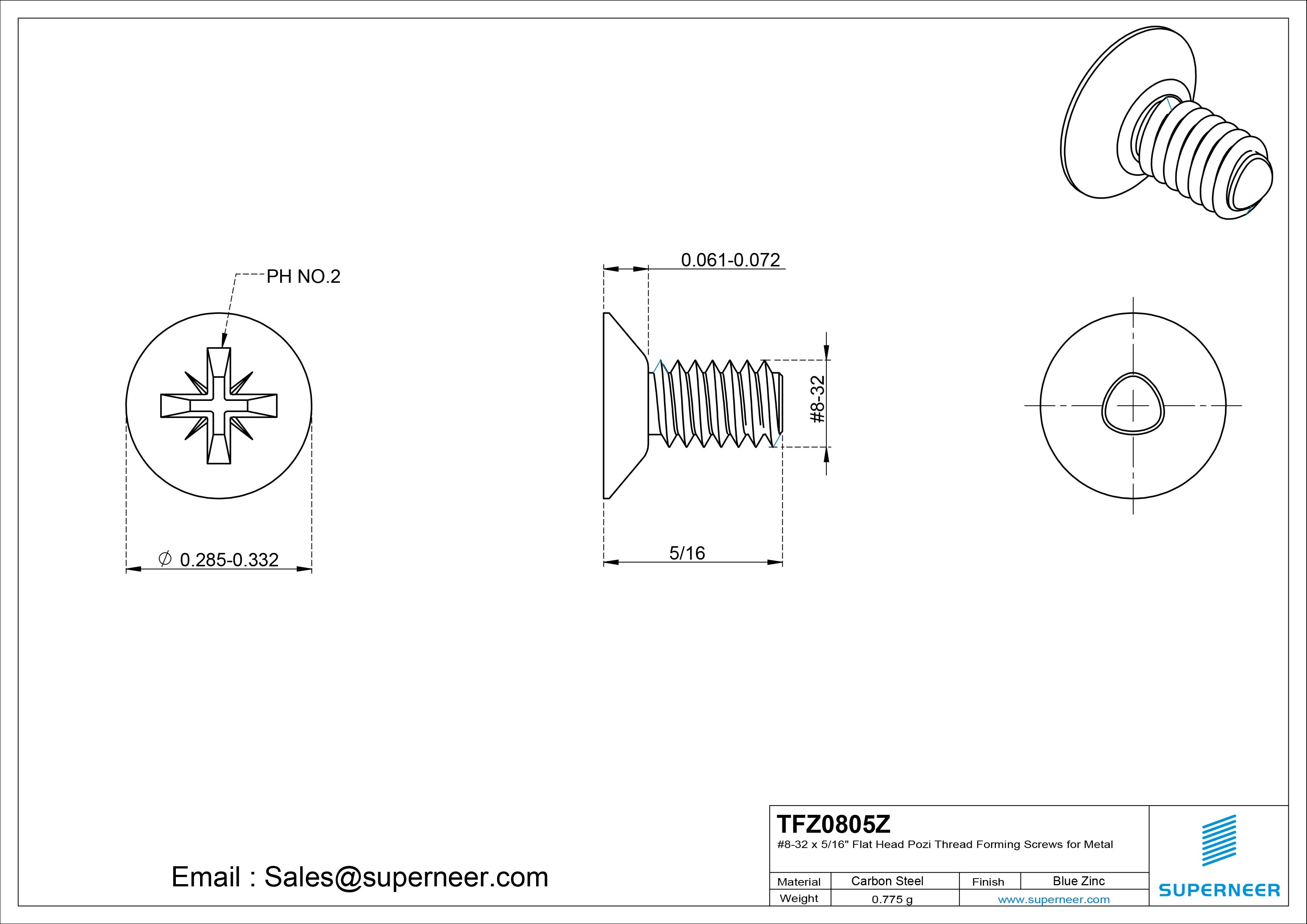8-32 × 5/16 Flat Head Pozi Thread Forming  Screws for Metal  Steel Blue Zinc Plated