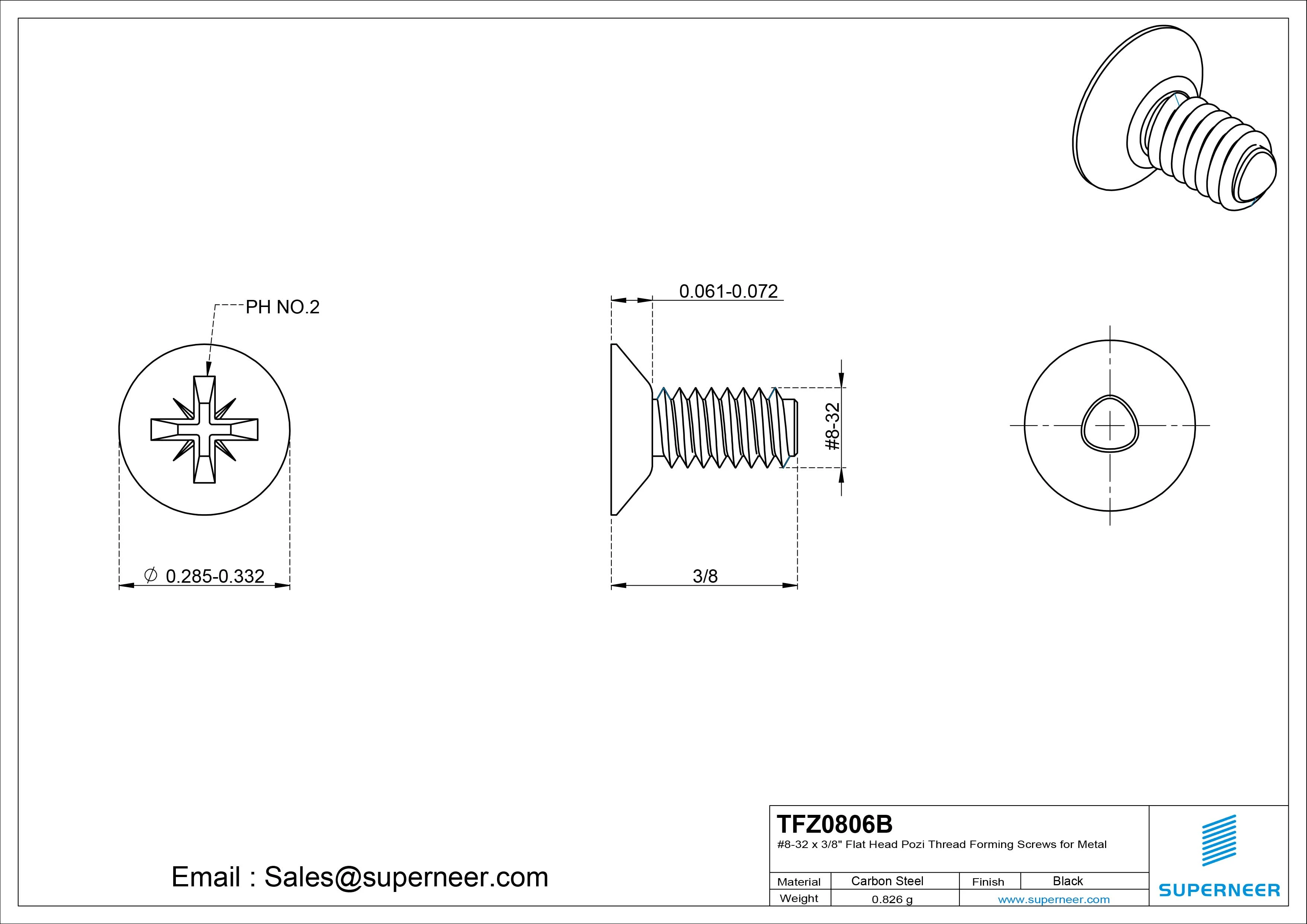 8-32 × 3/8 Flat Head Pozi Thread Forming  Screws for Metal  Steel Black