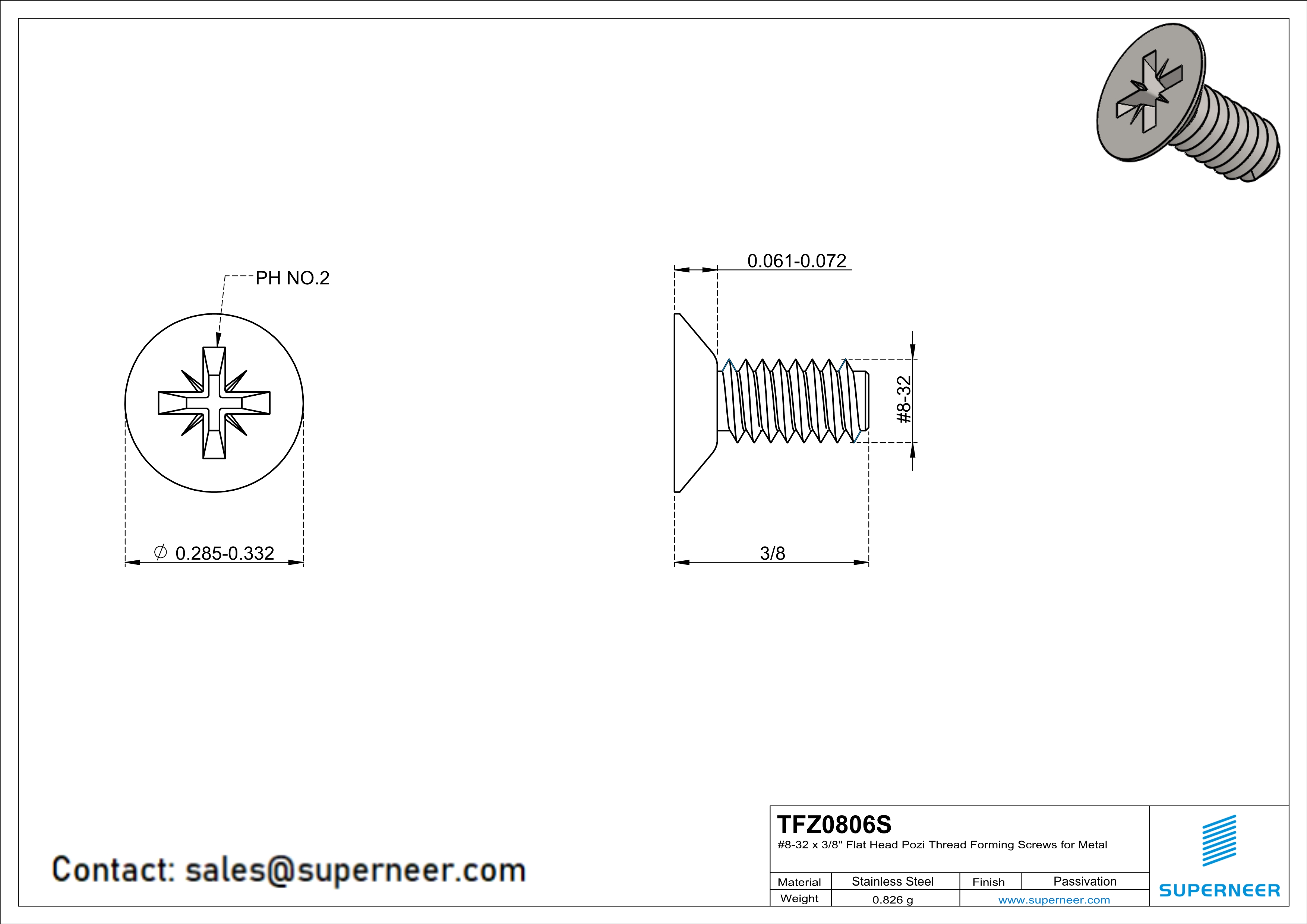 8-32 × 3/8 Flat Head Pozi Thread Forming  Screws for Metal  SUS304 Stainless Steel Inox